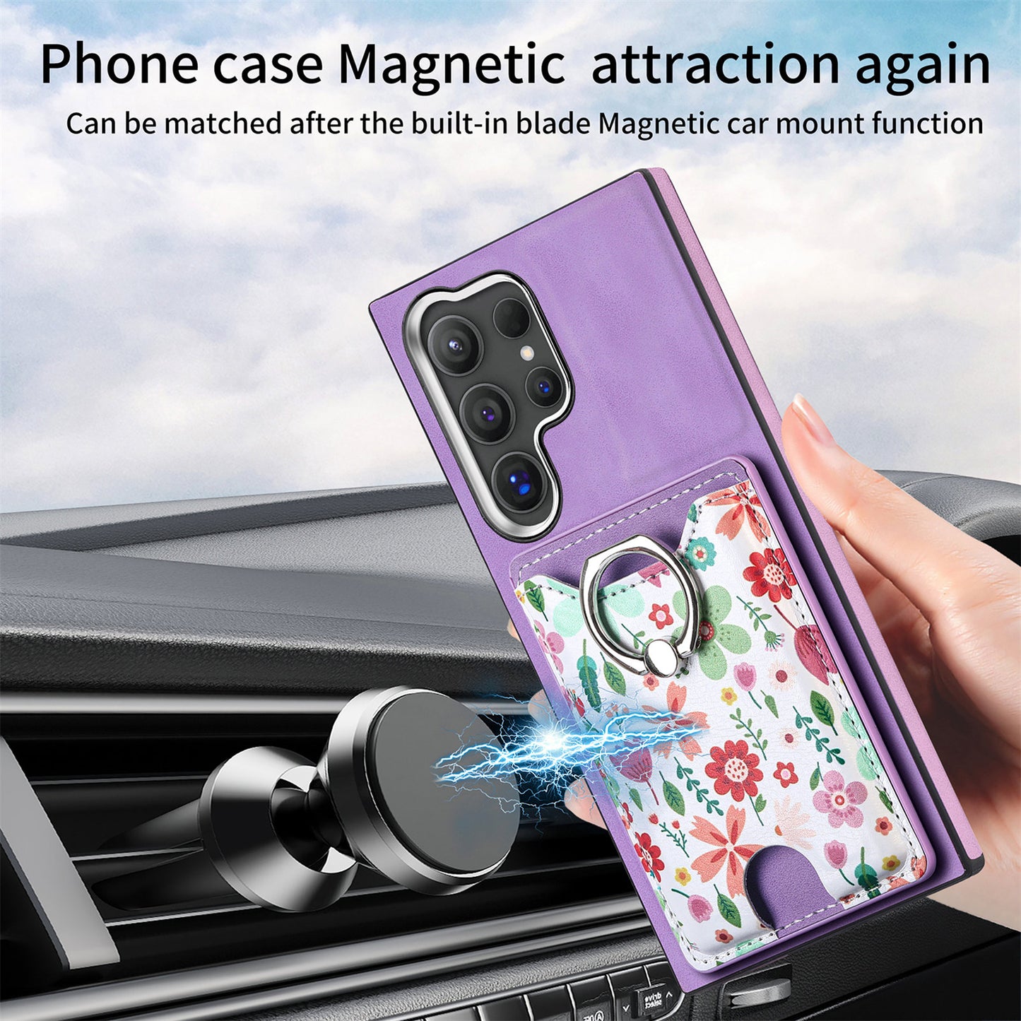E4 for Samsung Galaxy S24 Ultra Case Leather Coated TPU Pattern Phone Cover with Ring Holder - Purple