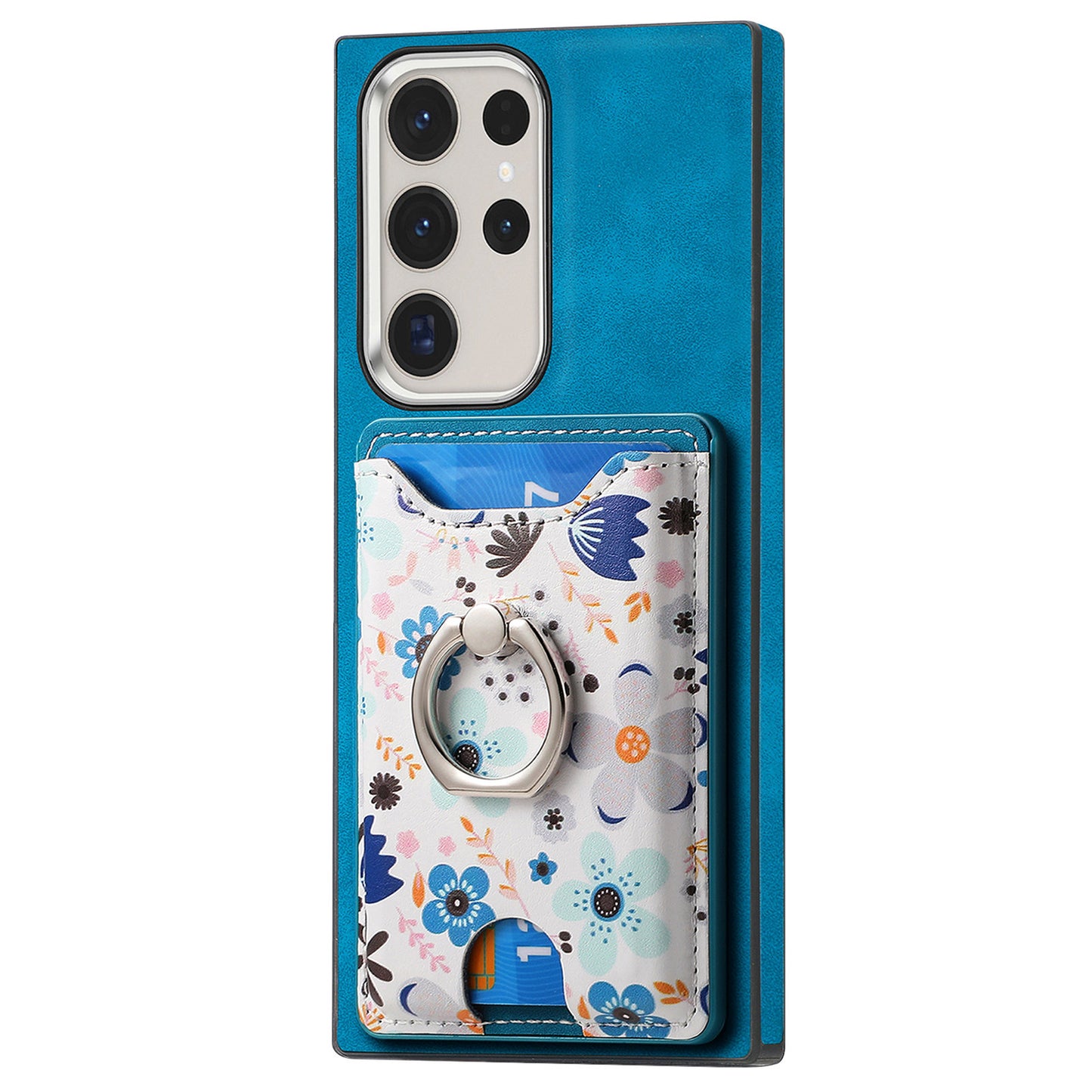 E4 for Samsung Galaxy S22 Ultra 5G Case with Card Holder Leather Coated TPU Kickstand Phone Cover - Blue