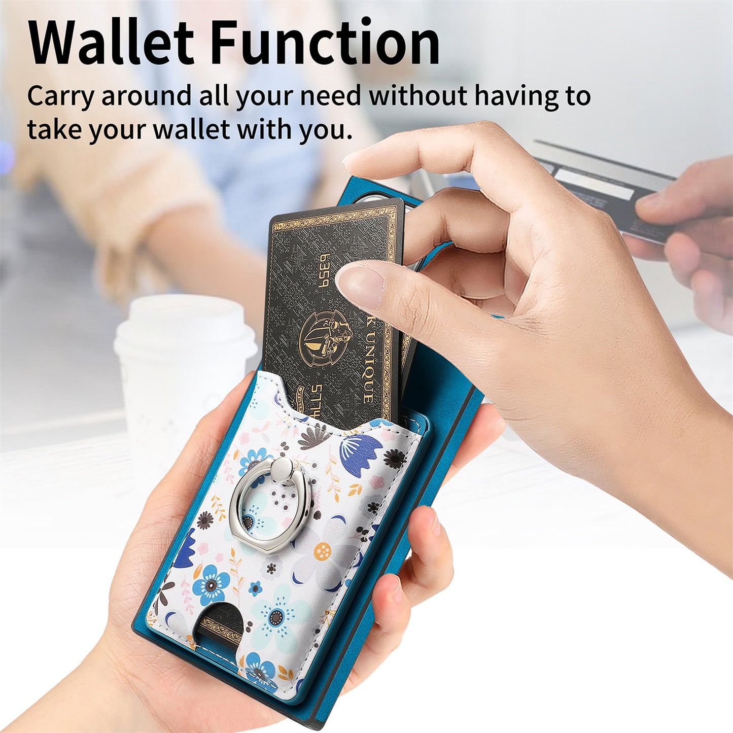 E4 for Samsung Galaxy S22 Ultra 5G Case with Card Holder Leather Coated TPU Kickstand Phone Cover - Blue