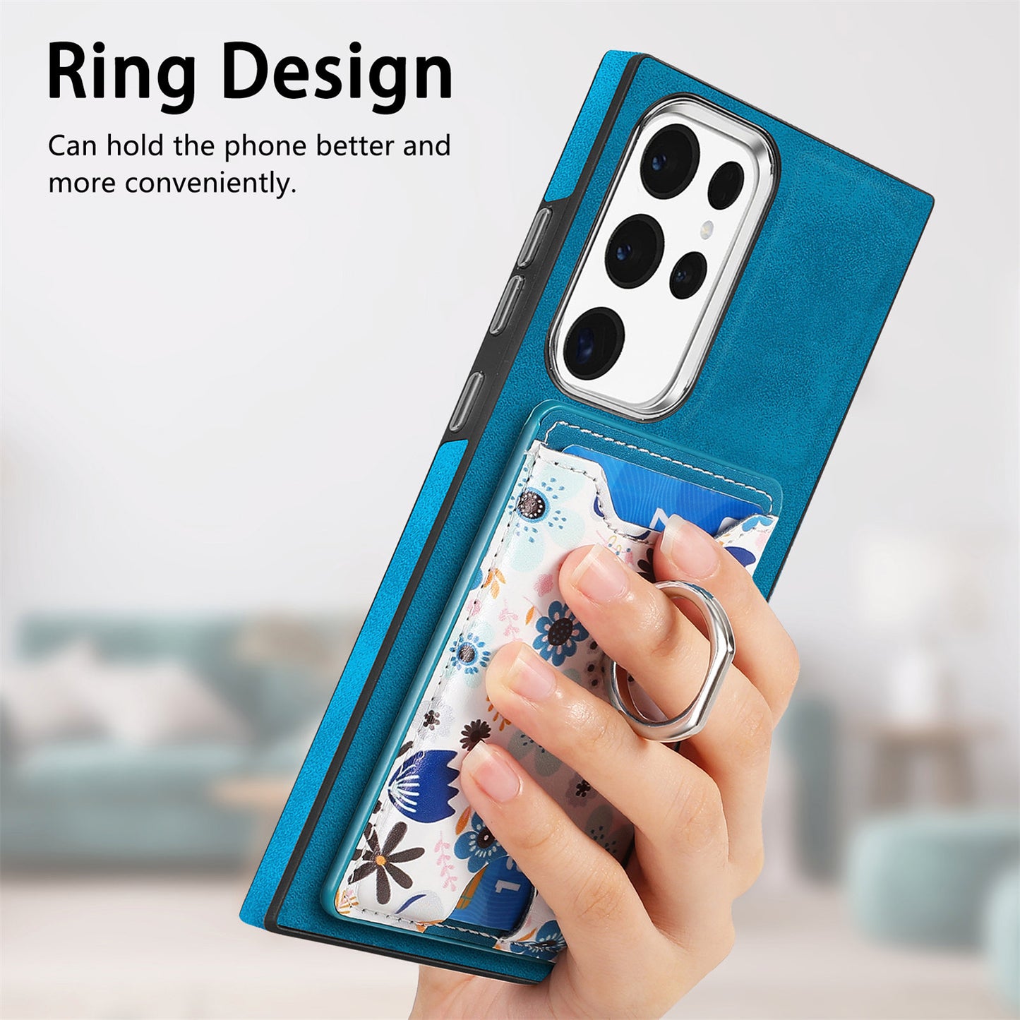 E4 for Samsung Galaxy S22 Ultra 5G Case with Card Holder Leather Coated TPU Kickstand Phone Cover - Blue