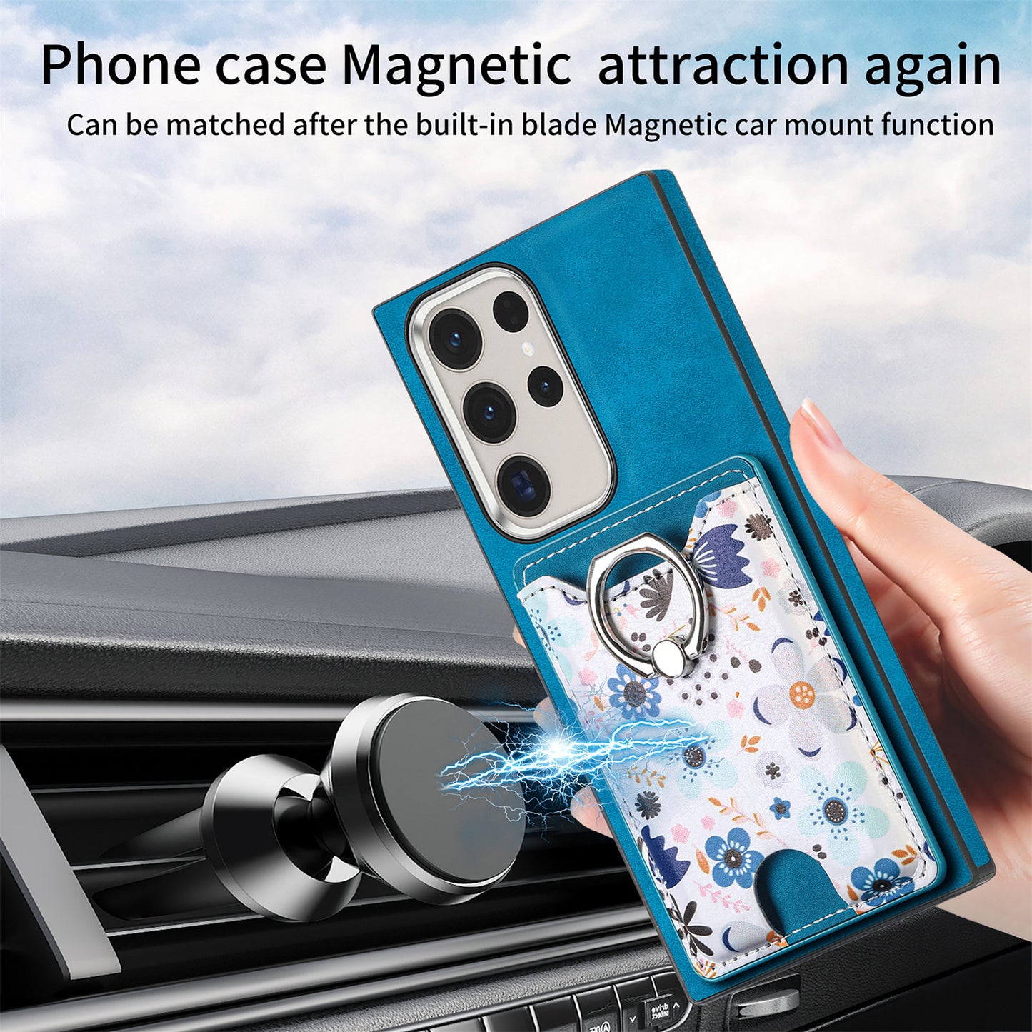 E4 for Samsung Galaxy S22 Ultra 5G Case with Card Holder Leather Coated TPU Kickstand Phone Cover - Blue
