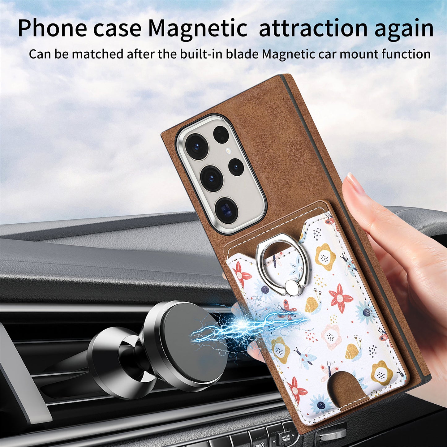 E4 for Samsung Galaxy S22 Ultra 5G Case with Card Holder Leather Coated TPU Kickstand Phone Cover - Brown