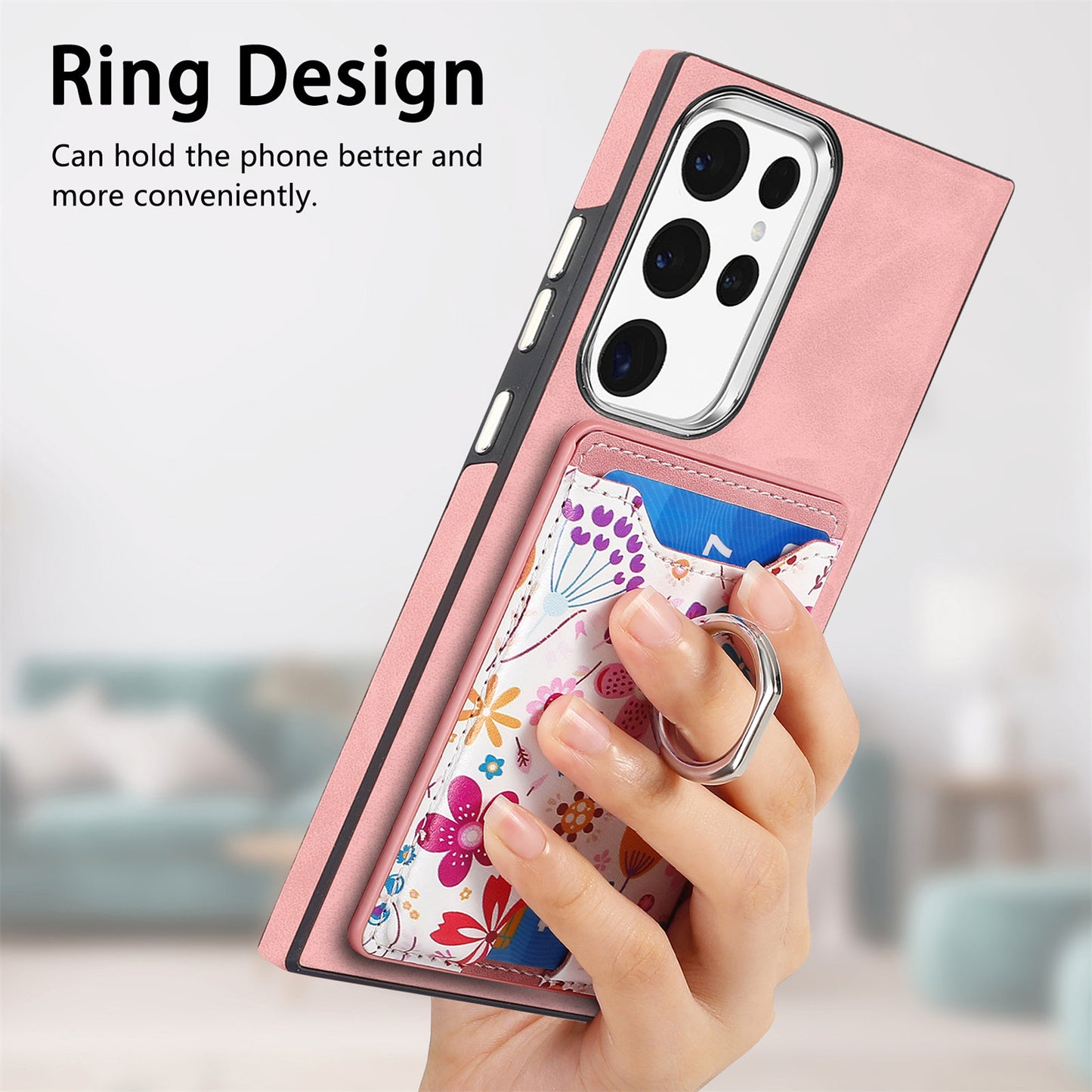 E4 for Samsung Galaxy S22 Ultra 5G Case with Card Holder Leather Coated TPU Kickstand Phone Cover - Pink
