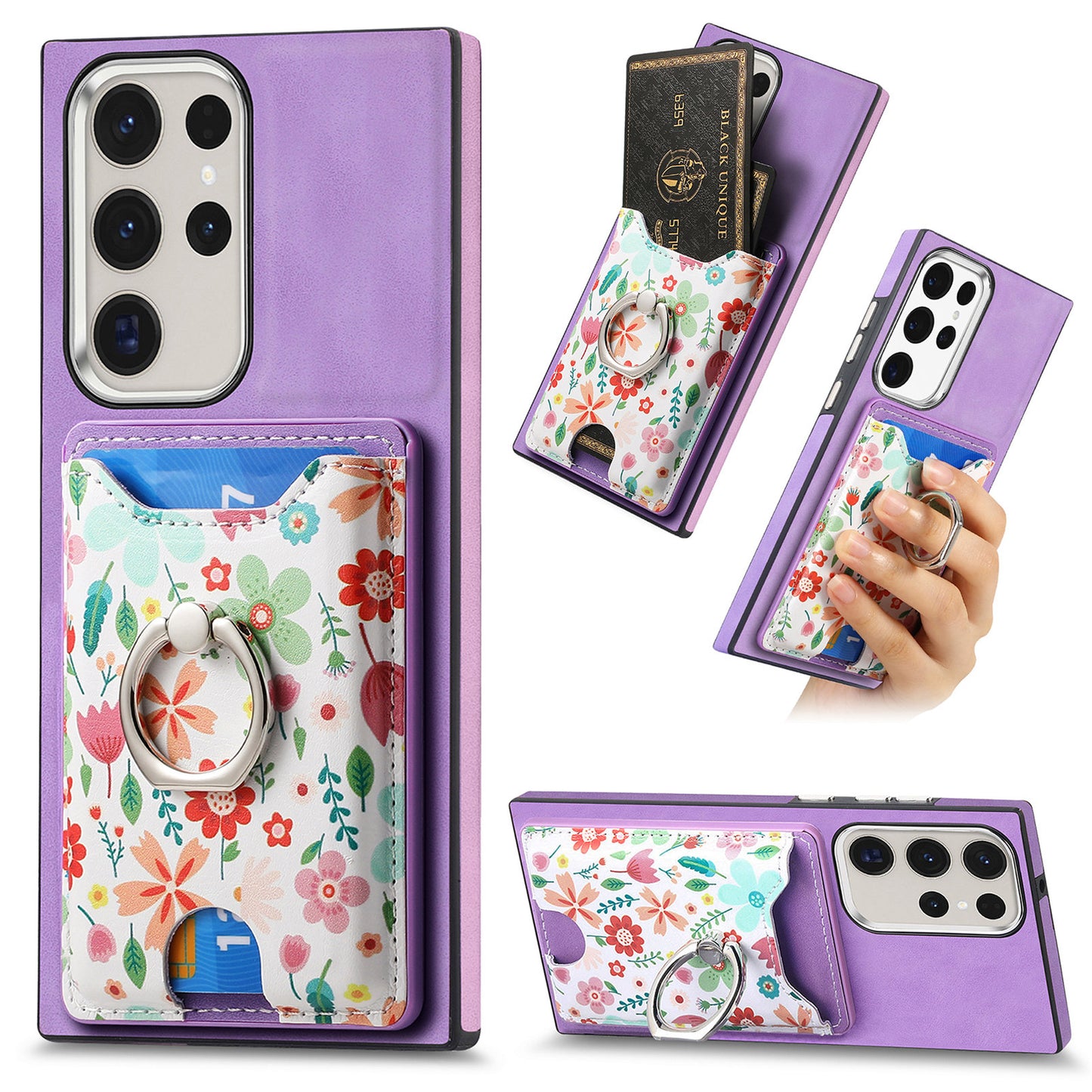 E4 for Samsung Galaxy S22 Ultra 5G Case with Card Holder Leather Coated TPU Kickstand Phone Cover - Purple