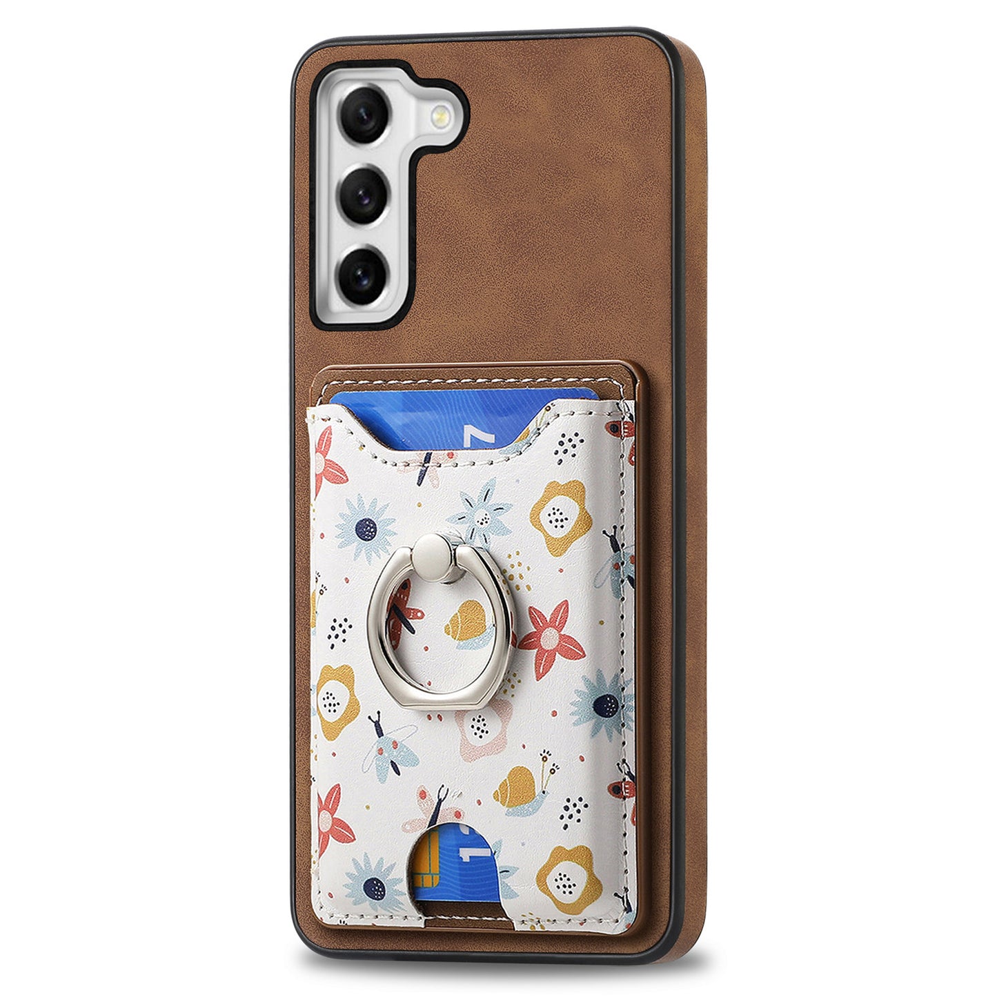 E4 for Samsung Galaxy S21 FE 5G Case Kickstand Leather Coated TPU Pattern Back Cover - Brown