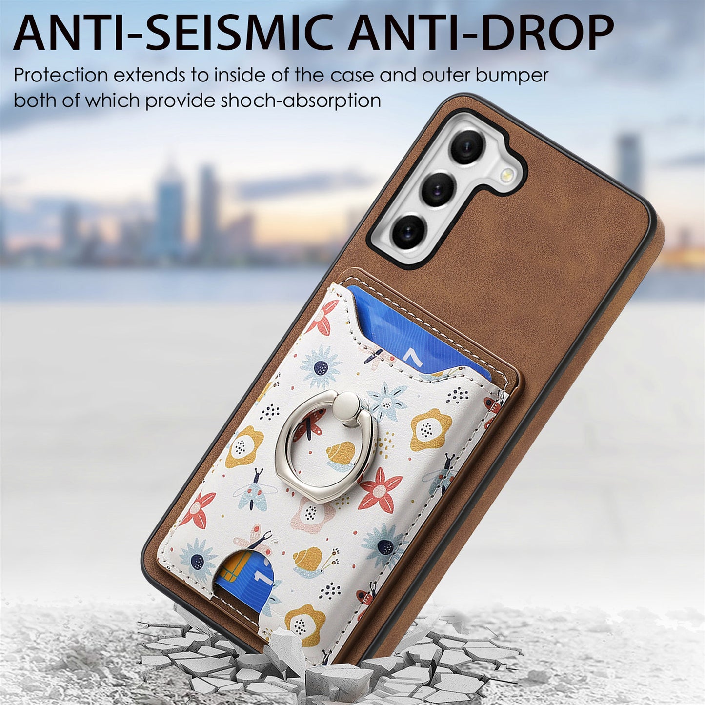 E4 for Samsung Galaxy S21 FE 5G Case Kickstand Leather Coated TPU Pattern Back Cover - Brown