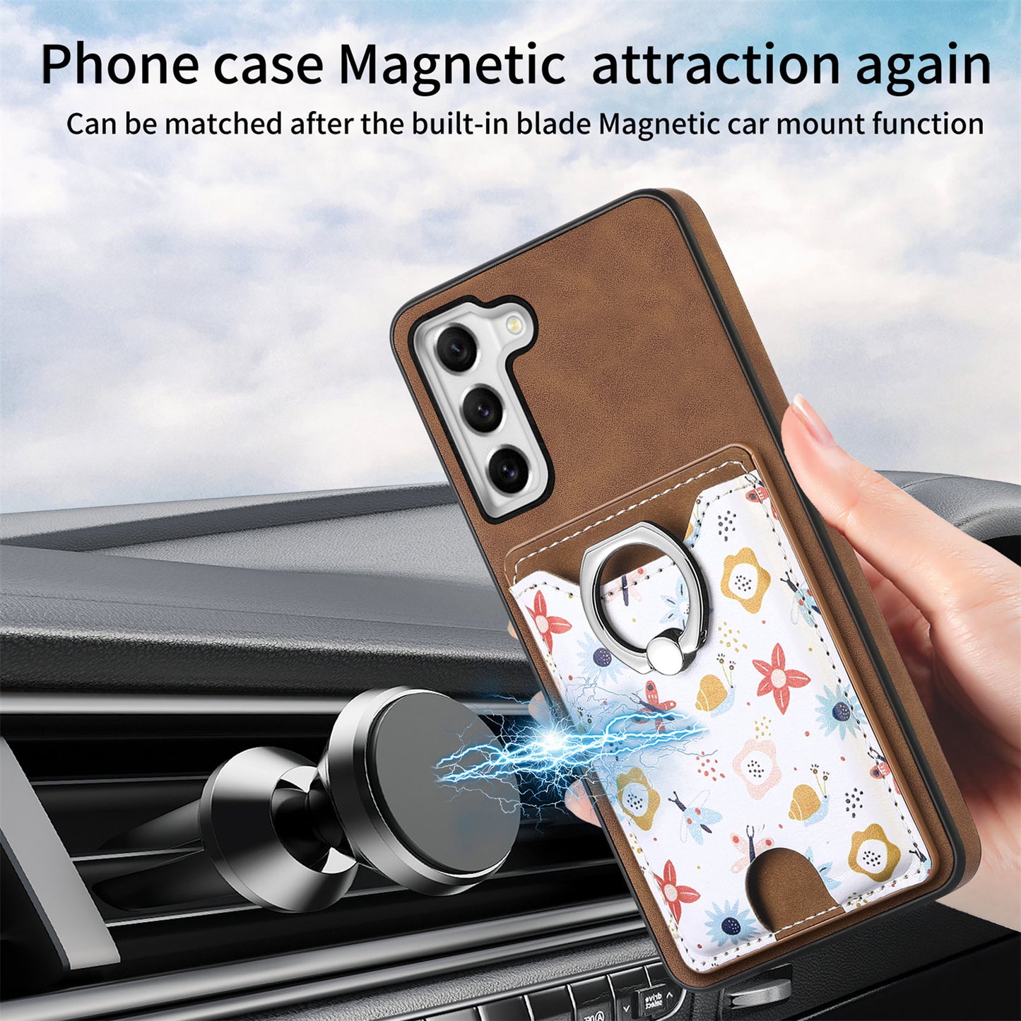 E4 for Samsung Galaxy S21 FE 5G Case Kickstand Leather Coated TPU Pattern Back Cover - Brown