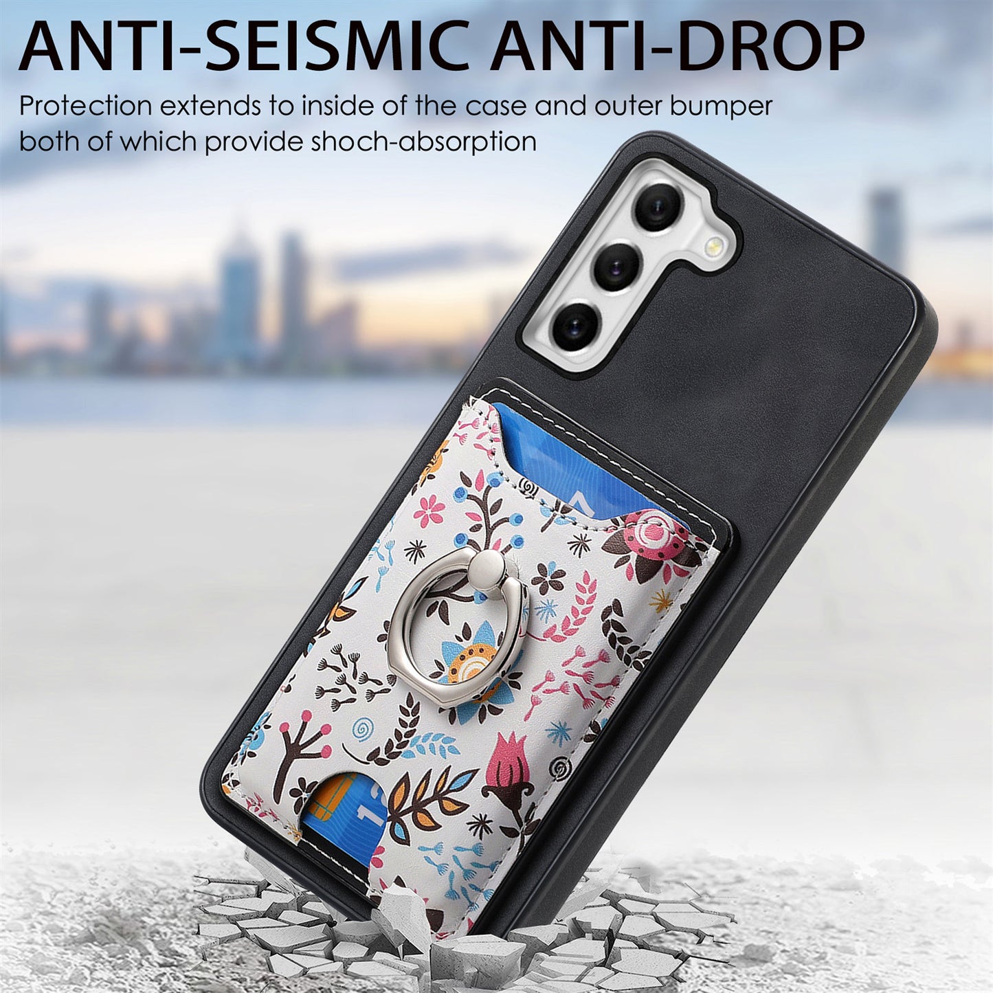 E4 for Samsung Galaxy S21 FE 5G Case Kickstand Leather Coated TPU Pattern Back Cover - Black