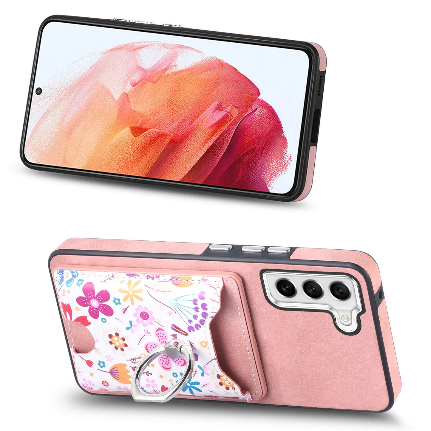 E4 for Samsung Galaxy S21 FE 5G Case Kickstand Leather Coated TPU Pattern Back Cover - Pink