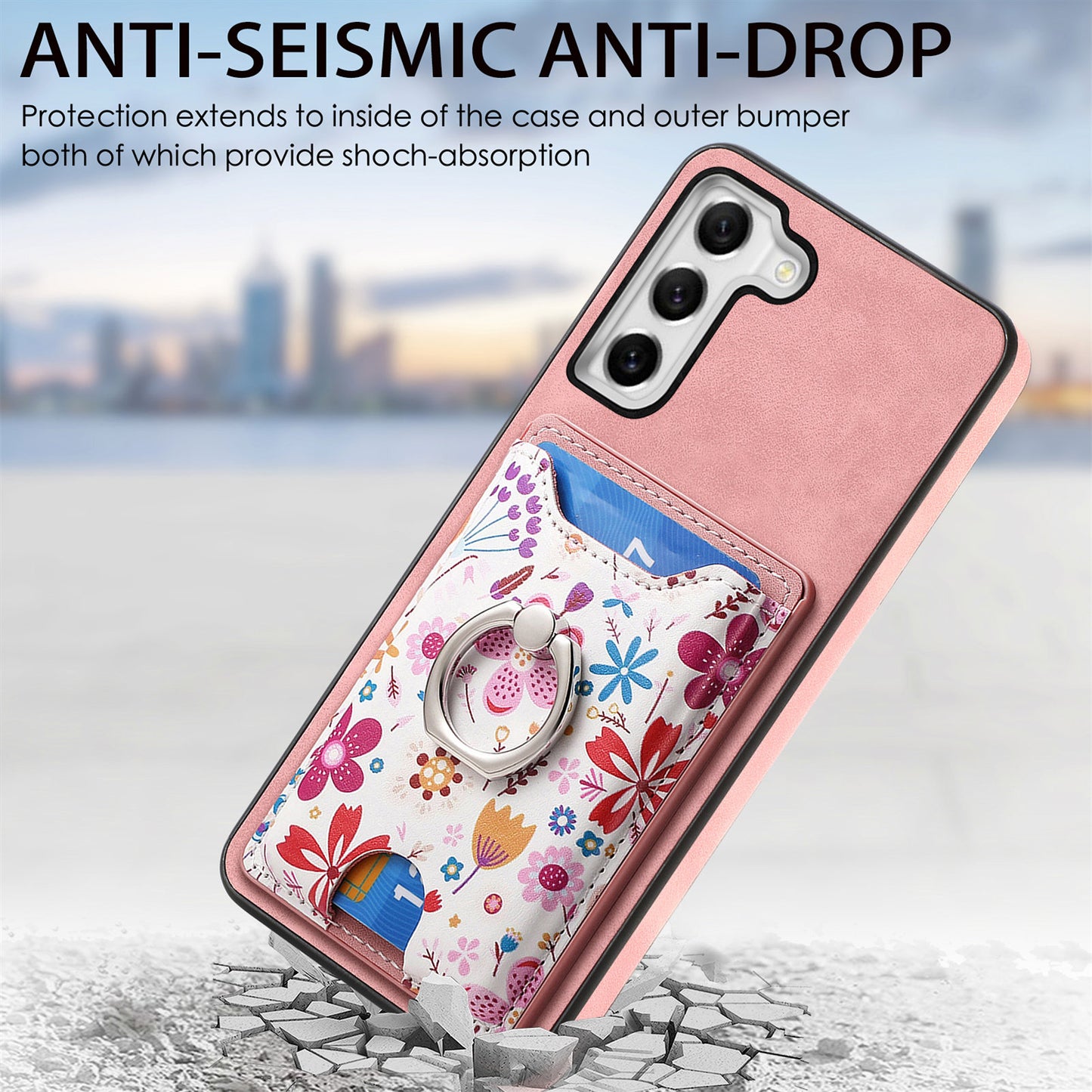 E4 for Samsung Galaxy S21 FE 5G Case Kickstand Leather Coated TPU Pattern Back Cover - Pink