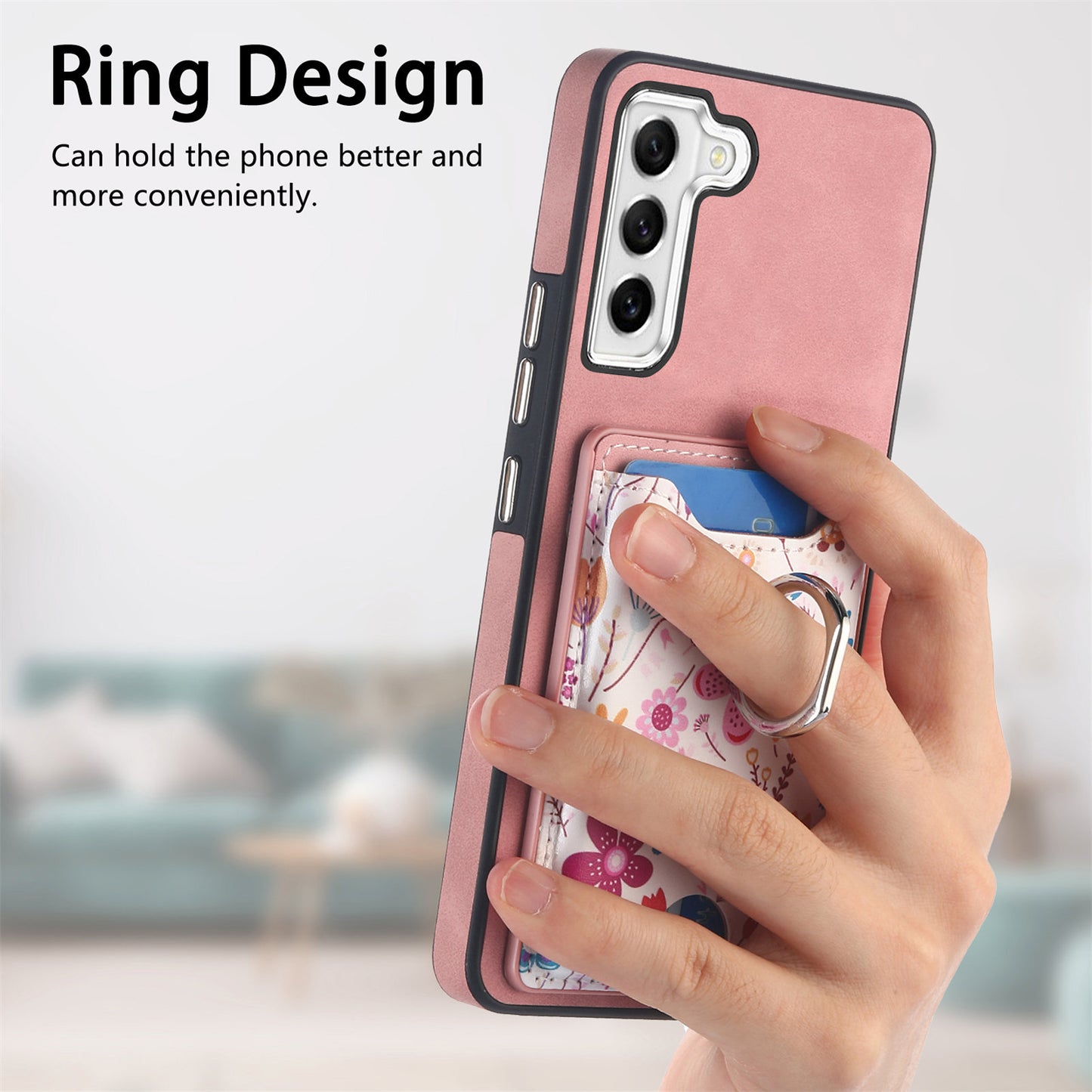 E4 for Samsung Galaxy S21 FE 5G Case Kickstand Leather Coated TPU Pattern Back Cover - Pink