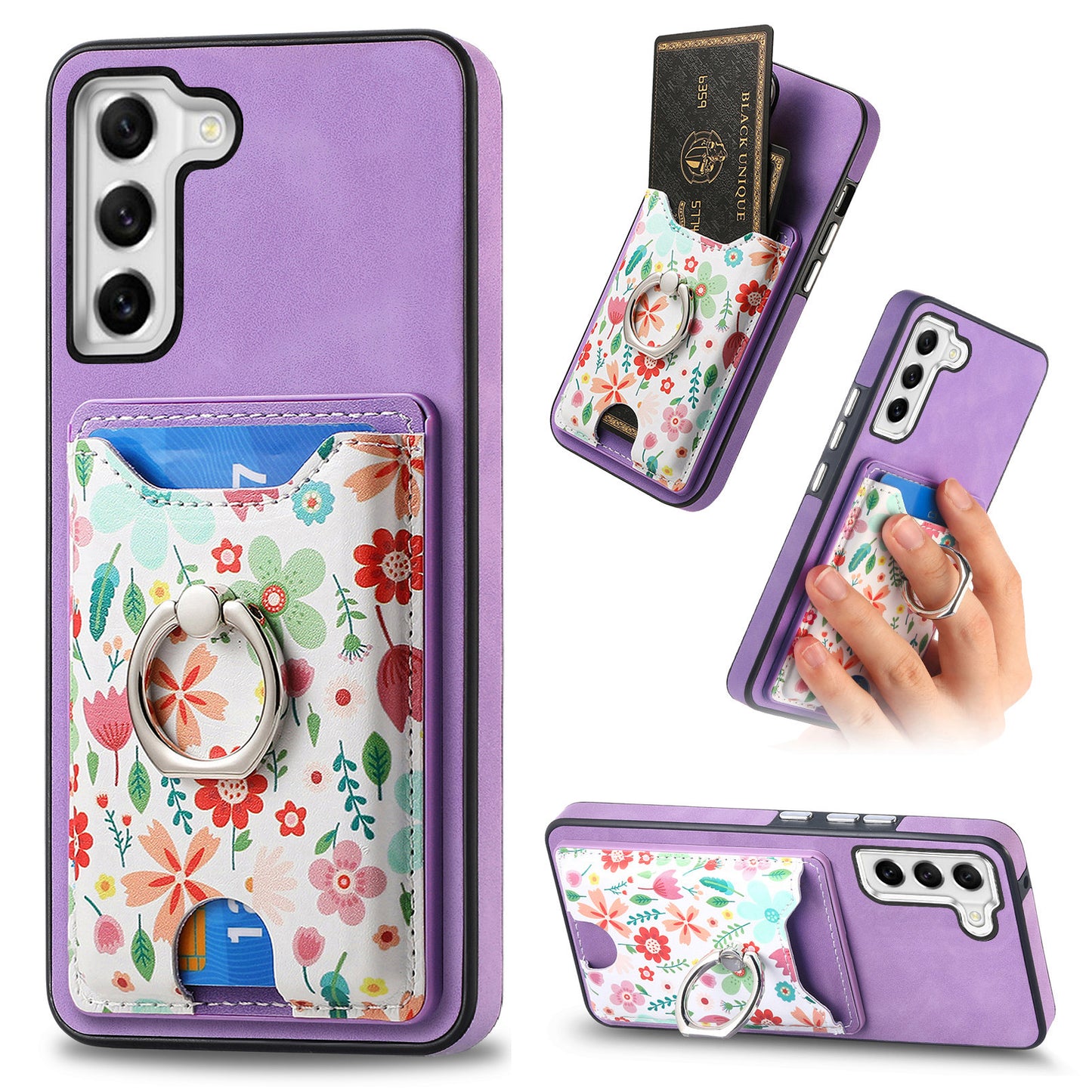 E4 for Samsung Galaxy S21 FE 5G Case Kickstand Leather Coated TPU Pattern Back Cover - Purple