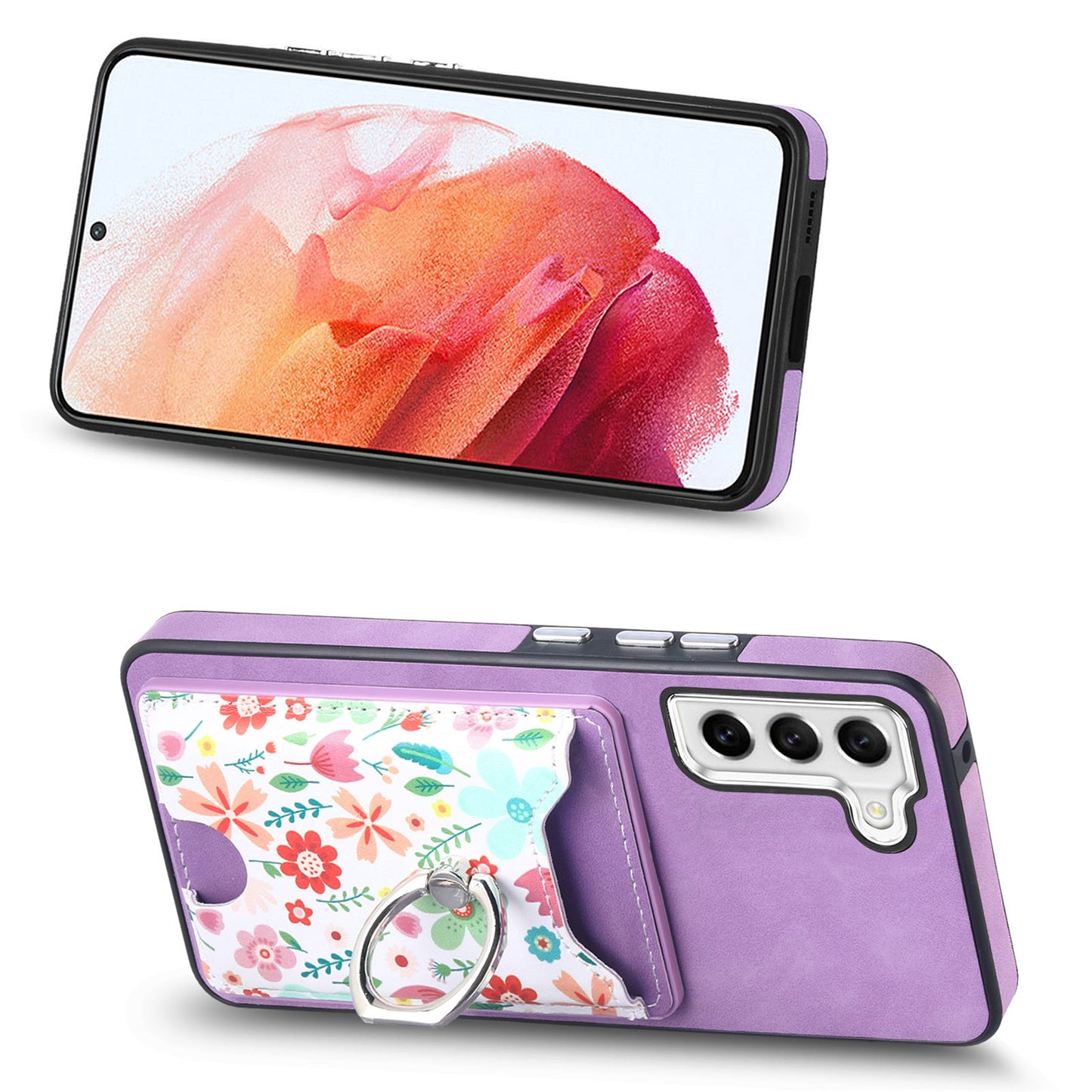 E4 for Samsung Galaxy S21 FE 5G Case Kickstand Leather Coated TPU Pattern Back Cover - Purple