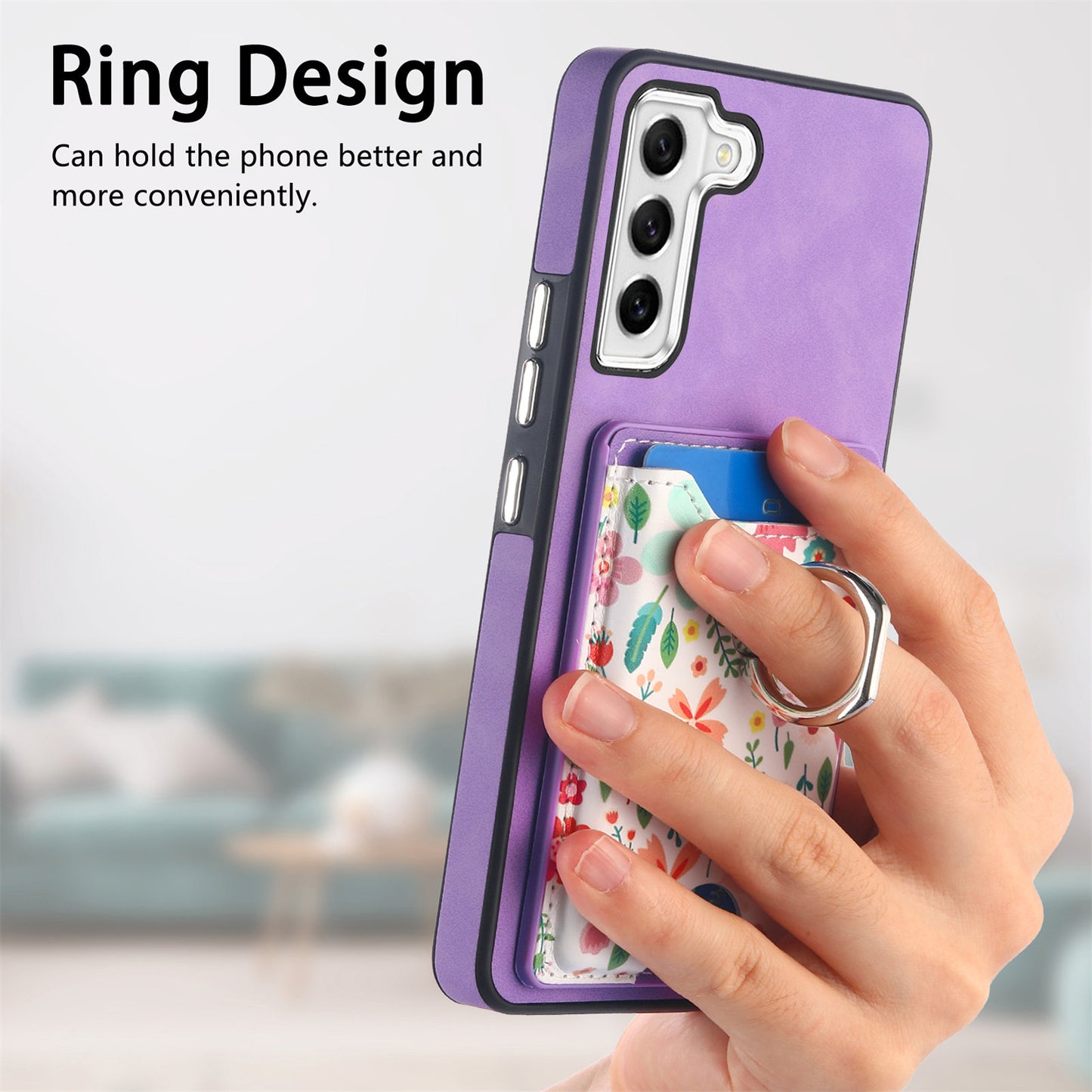 E4 for Samsung Galaxy S21 FE 5G Case Kickstand Leather Coated TPU Pattern Back Cover - Purple