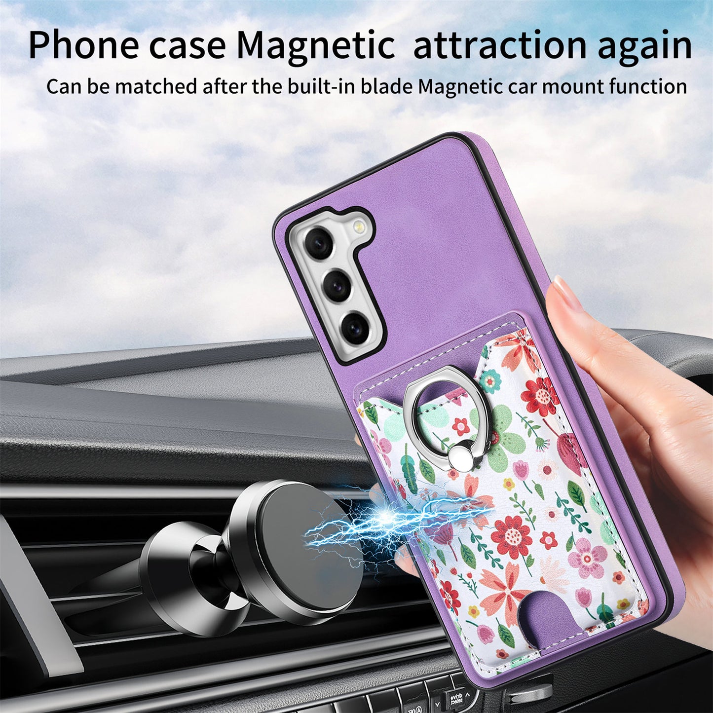 E4 for Samsung Galaxy S21 FE 5G Case Kickstand Leather Coated TPU Pattern Back Cover - Purple