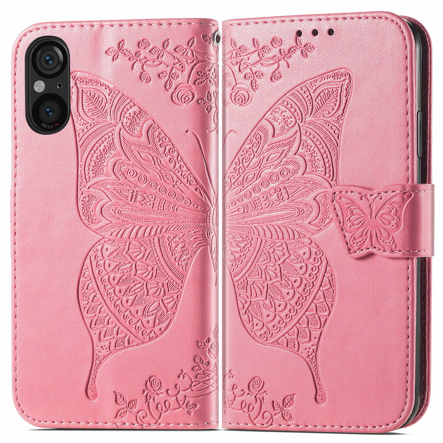 For Sony Xperia 5 V Case PU Leather Butterfly Floral Flip Protective Phone Cover with Strap - Pink
