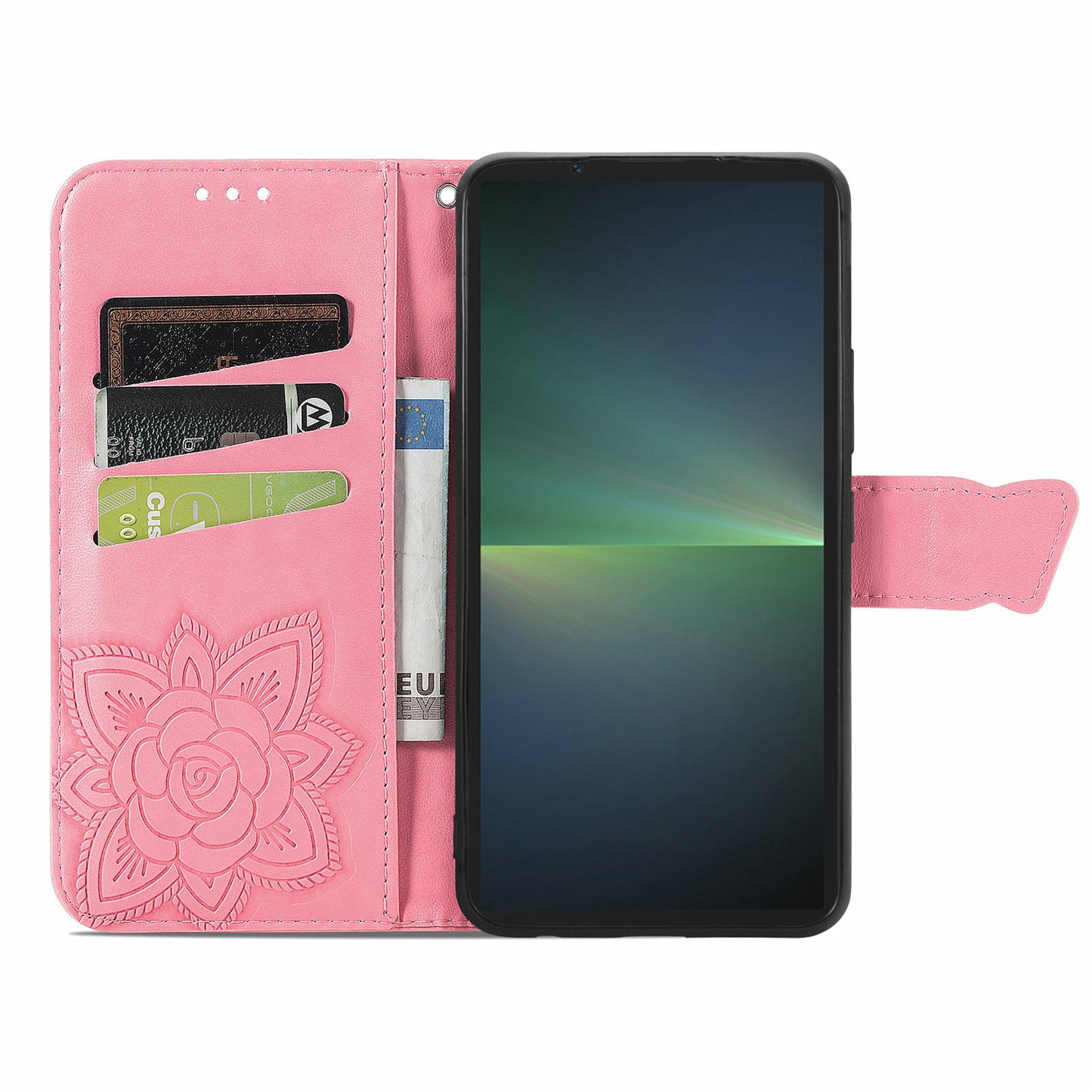 For Sony Xperia 5 V Case PU Leather Butterfly Floral Flip Protective Phone Cover with Strap - Pink