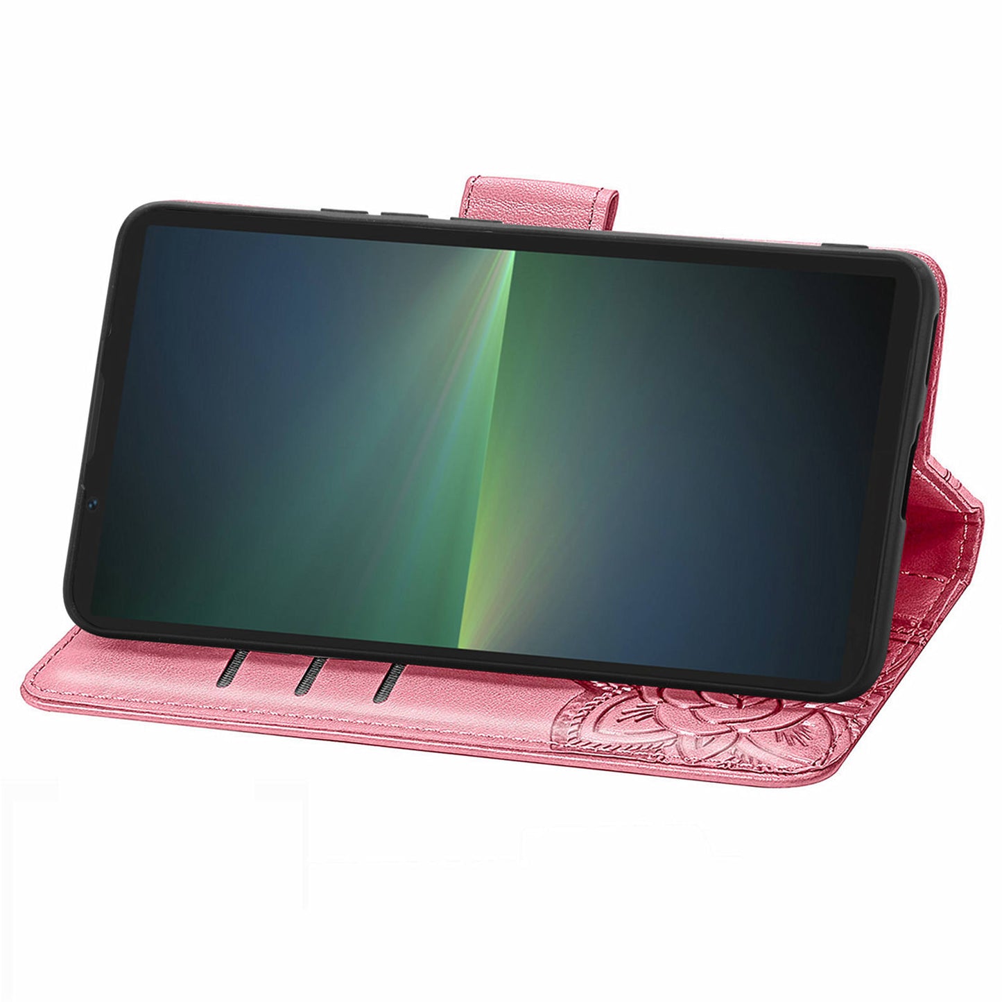 For Sony Xperia 5 V Case PU Leather Butterfly Floral Flip Protective Phone Cover with Strap - Pink