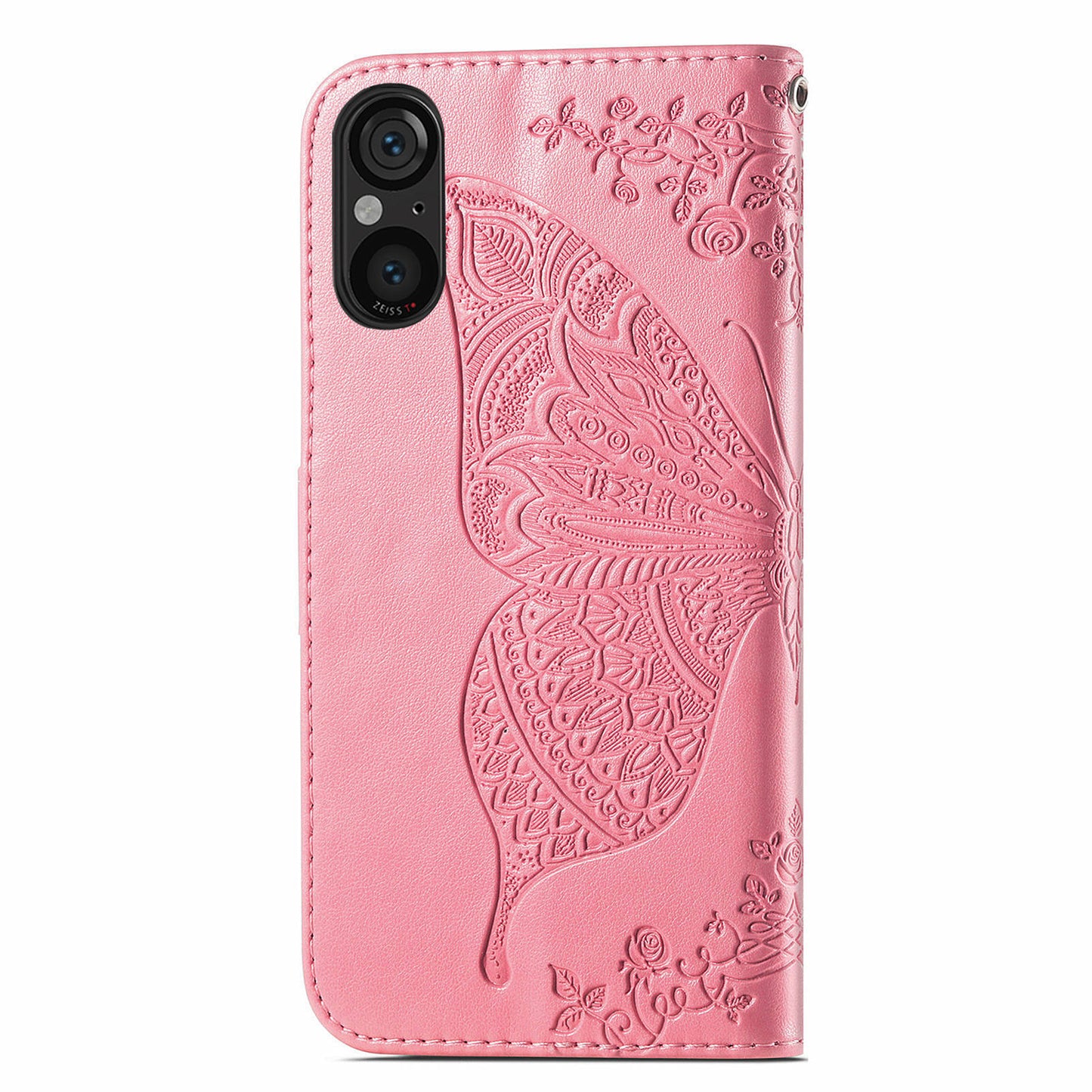 For Sony Xperia 5 V Case PU Leather Butterfly Floral Flip Protective Phone Cover with Strap - Pink