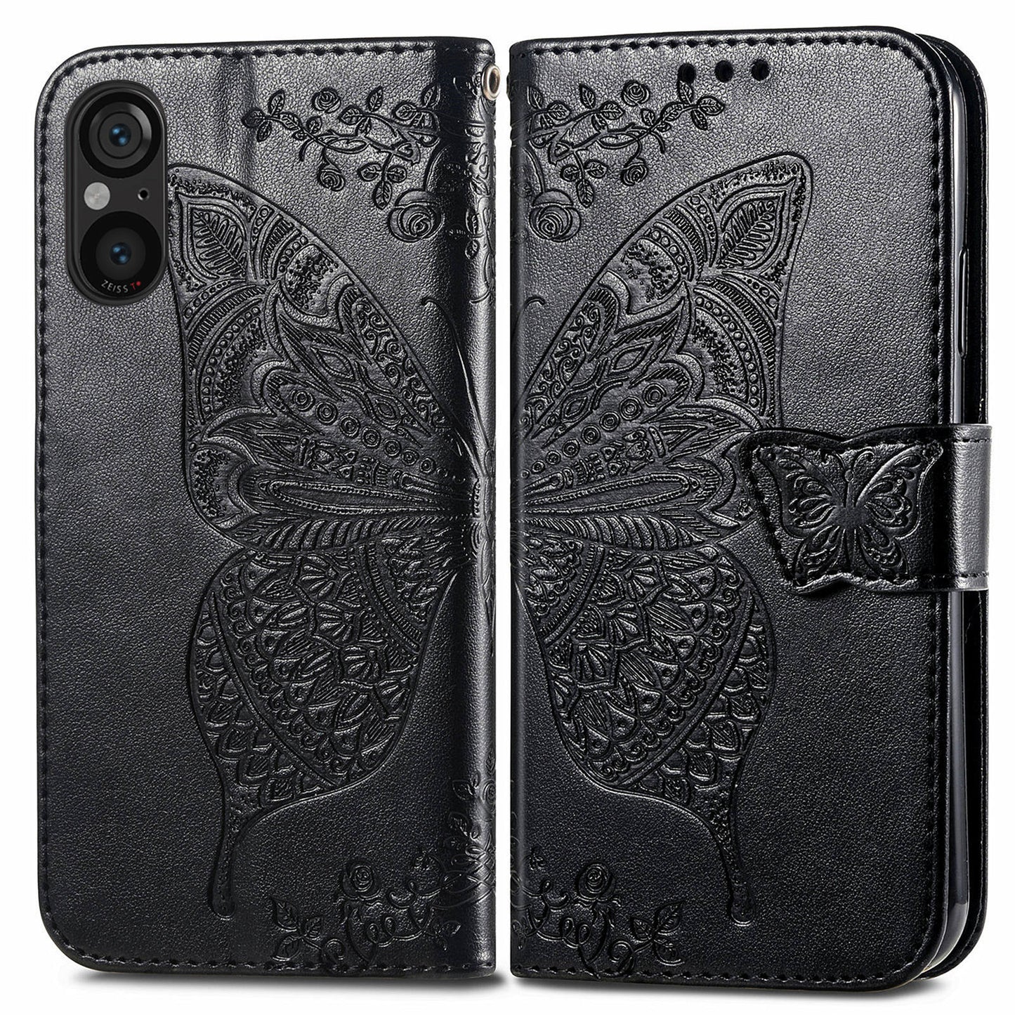 For Sony Xperia 5 V Case PU Leather Butterfly Floral Flip Protective Phone Cover with Strap - Black