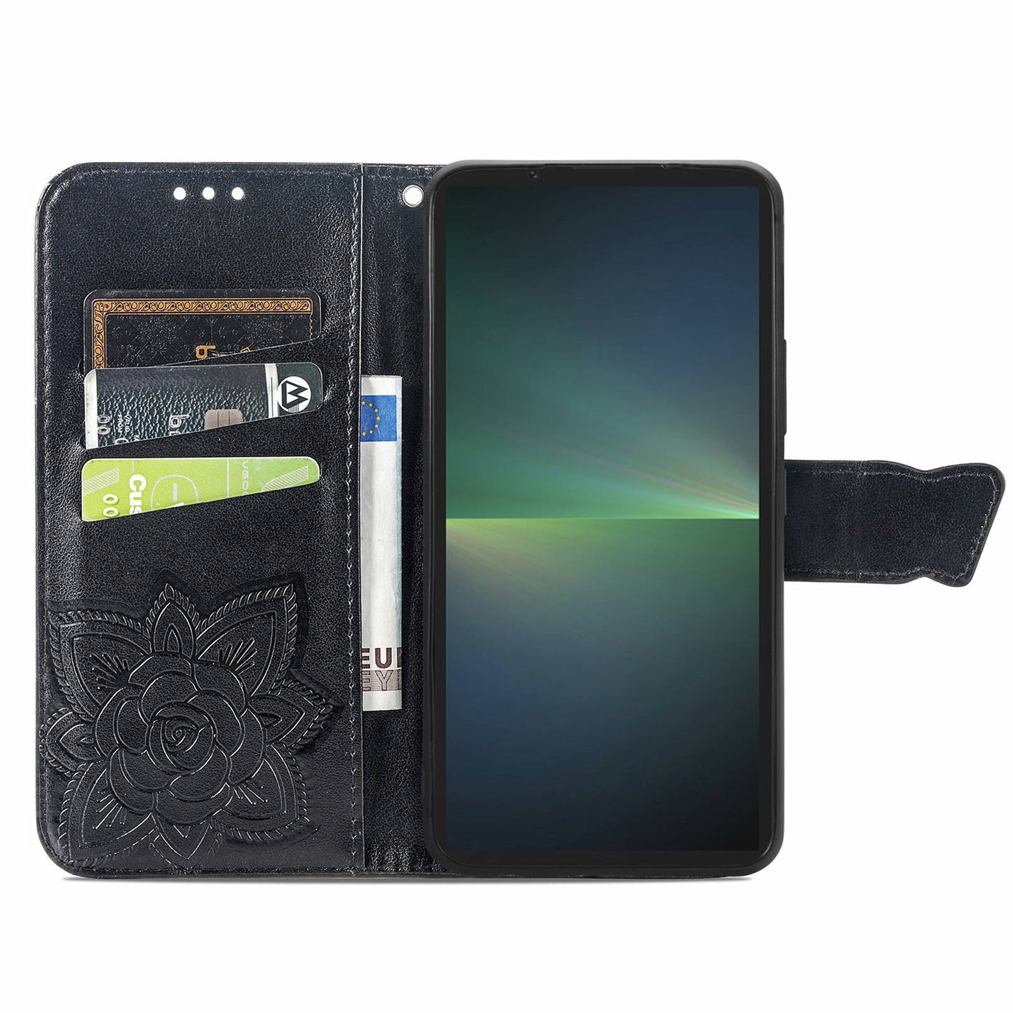 For Sony Xperia 5 V Case PU Leather Butterfly Floral Flip Protective Phone Cover with Strap - Black