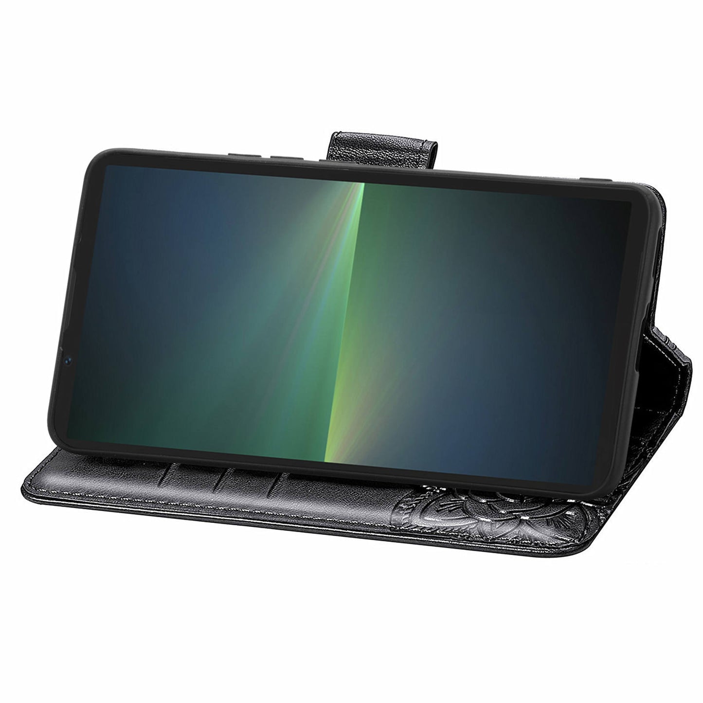 For Sony Xperia 5 V Case PU Leather Butterfly Floral Flip Protective Phone Cover with Strap - Black