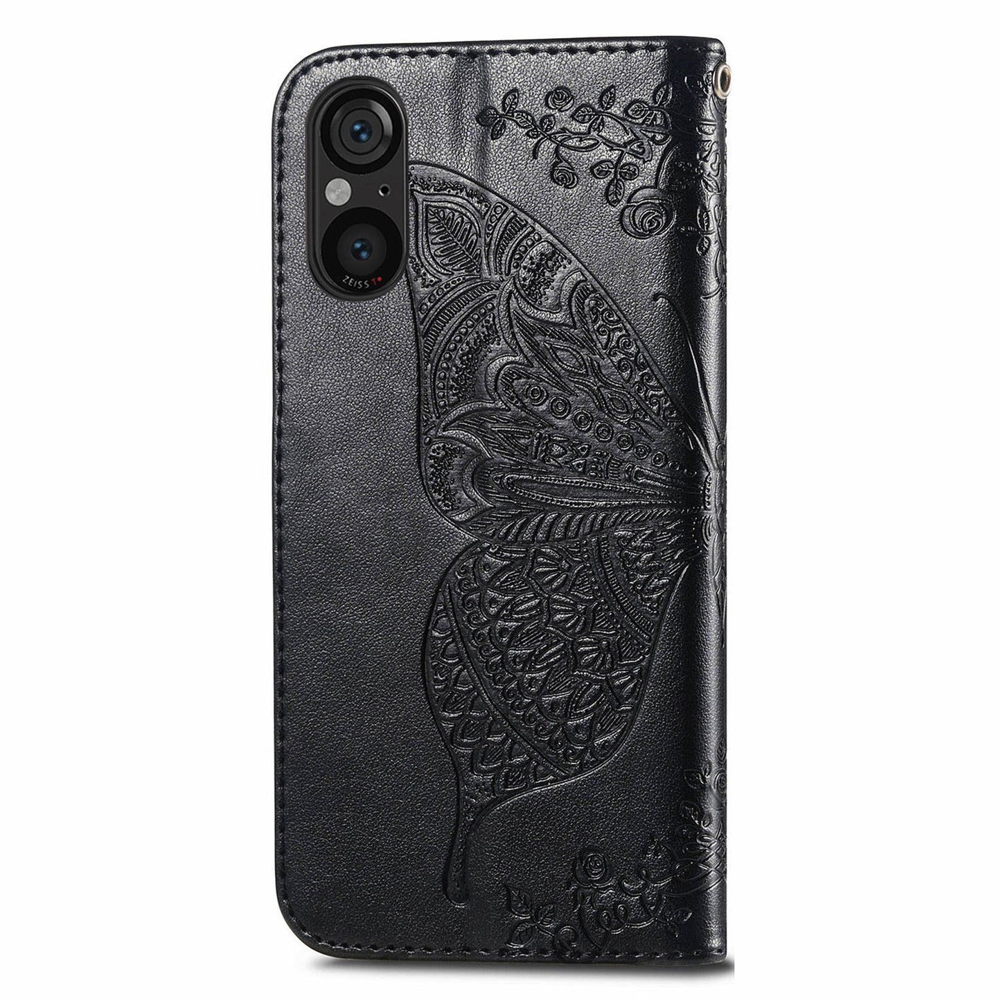 For Sony Xperia 5 V Case PU Leather Butterfly Floral Flip Protective Phone Cover with Strap - Black