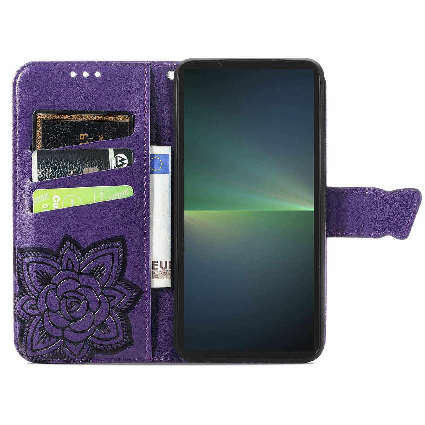 For Sony Xperia 5 V Case PU Leather Butterfly Floral Flip Protective Phone Cover with Strap - Dark Purple