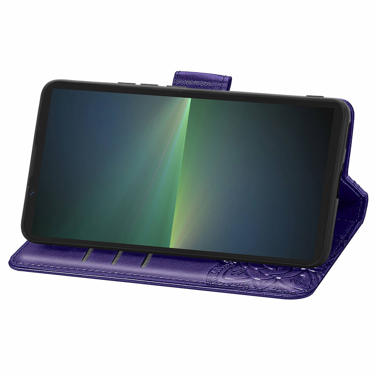 For Sony Xperia 5 V Case PU Leather Butterfly Floral Flip Protective Phone Cover with Strap - Dark Purple