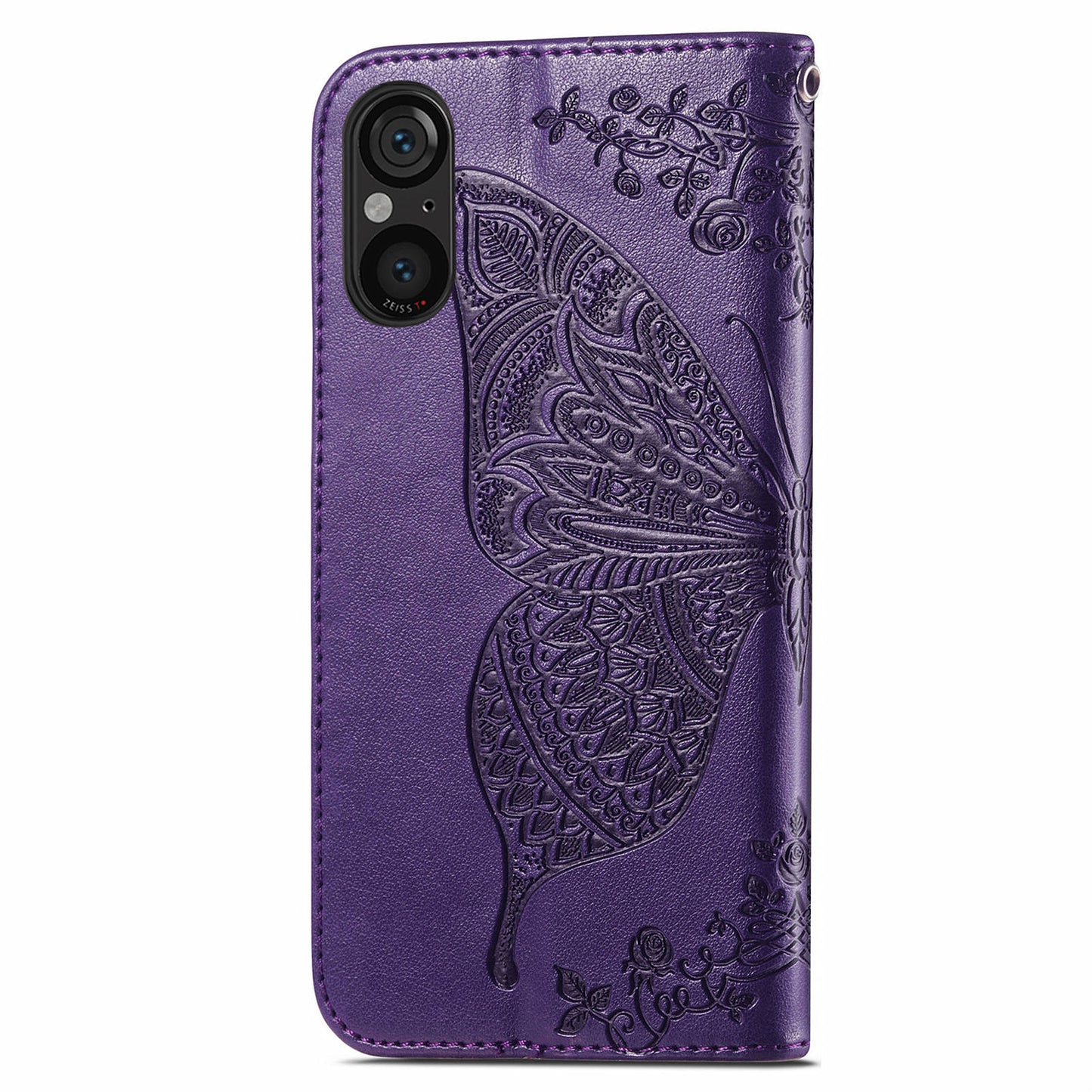 For Sony Xperia 5 V Case PU Leather Butterfly Floral Flip Protective Phone Cover with Strap - Dark Purple