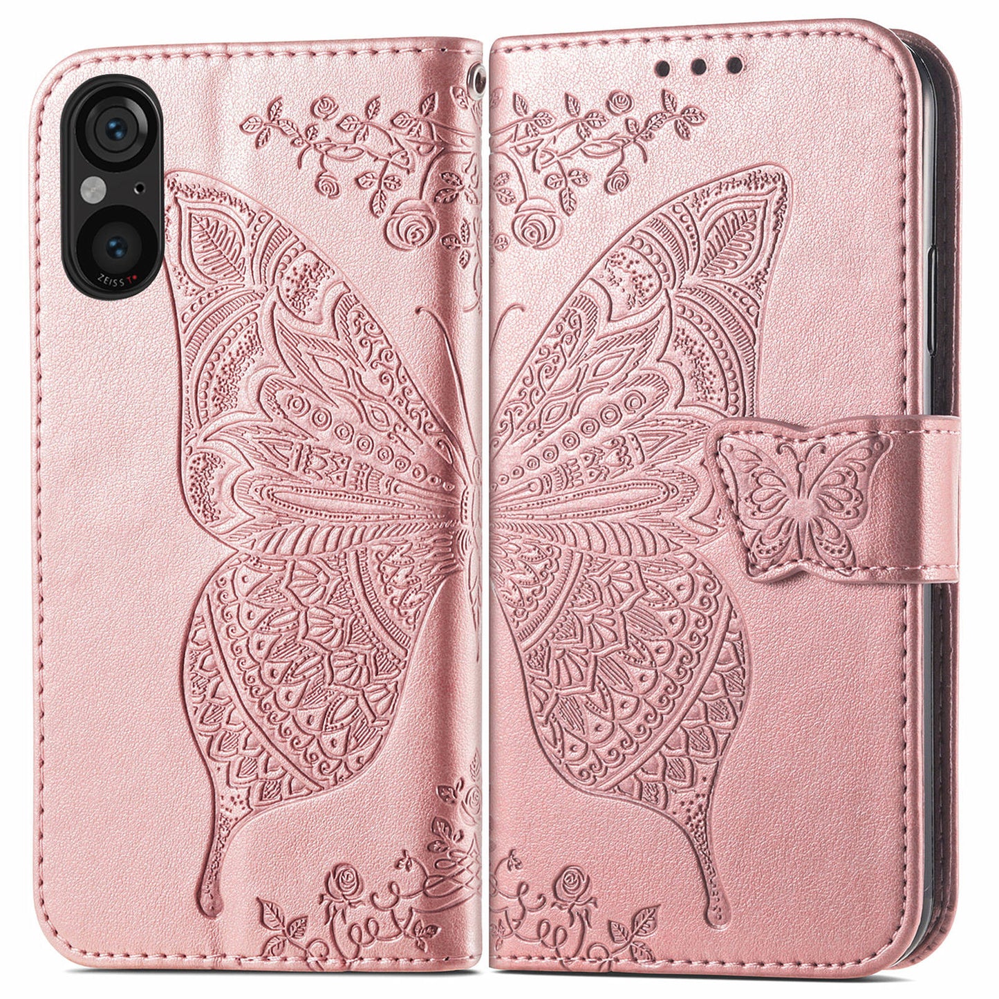 For Sony Xperia 5 V Case PU Leather Butterfly Floral Flip Protective Phone Cover with Strap - Rose Gold