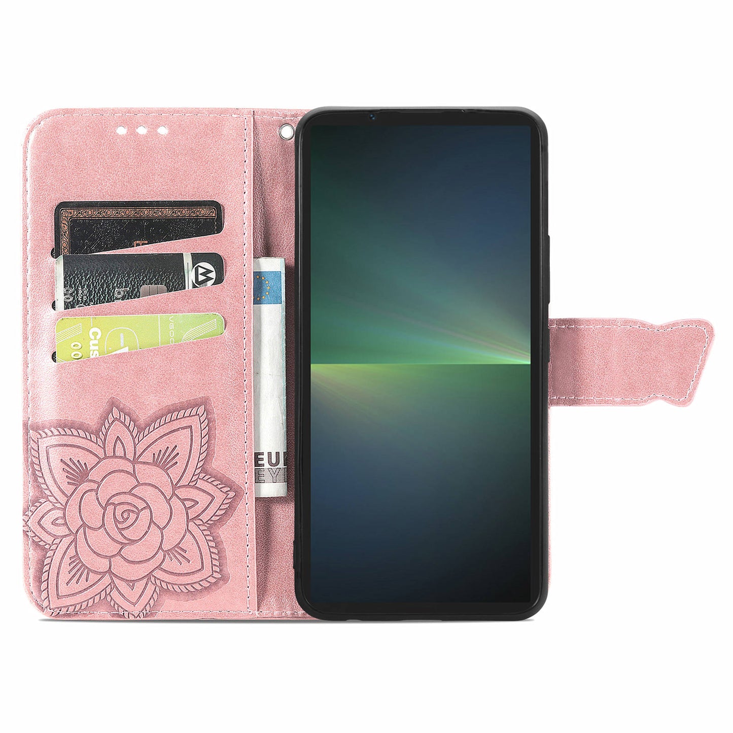 For Sony Xperia 5 V Case PU Leather Butterfly Floral Flip Protective Phone Cover with Strap - Rose Gold