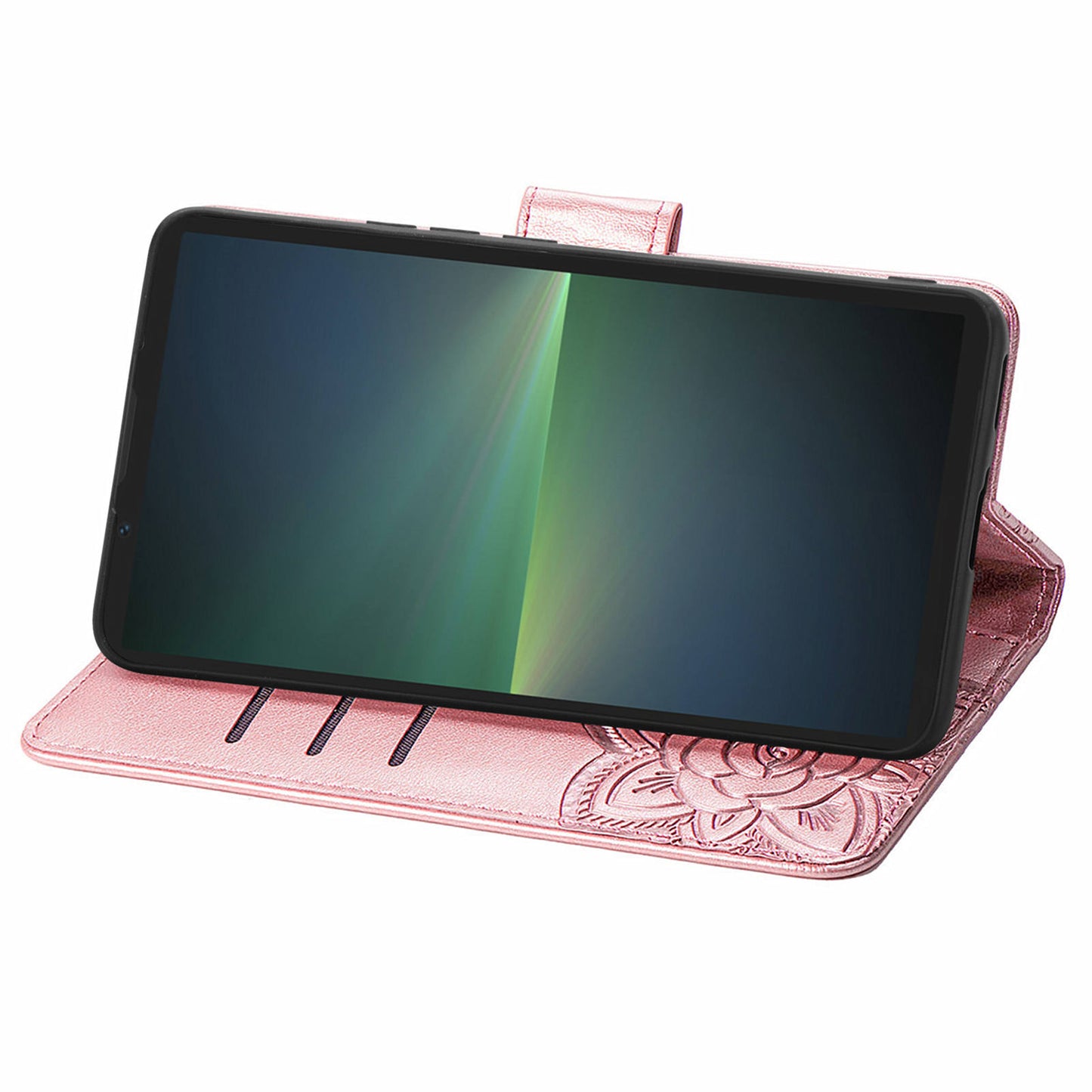 For Sony Xperia 5 V Case PU Leather Butterfly Floral Flip Protective Phone Cover with Strap - Rose Gold