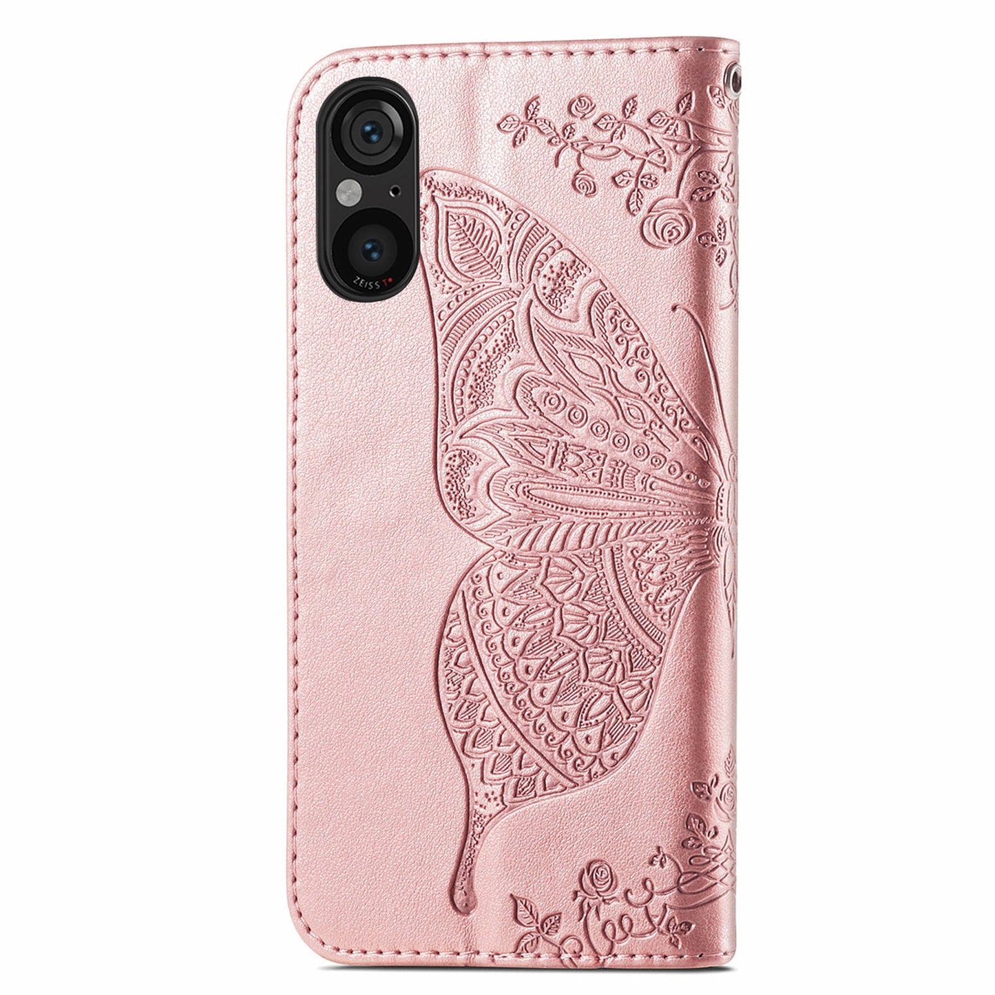 For Sony Xperia 5 V Case PU Leather Butterfly Floral Flip Protective Phone Cover with Strap - Rose Gold