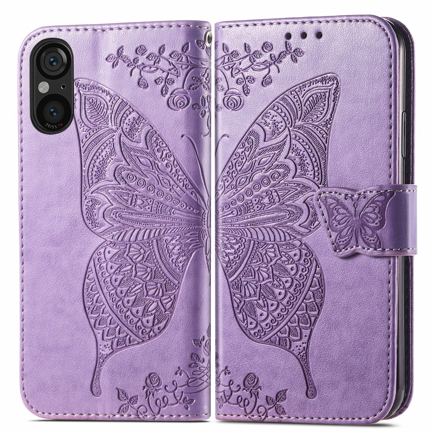 For Sony Xperia 5 V Case PU Leather Butterfly Floral Flip Protective Phone Cover with Strap - Light Purple
