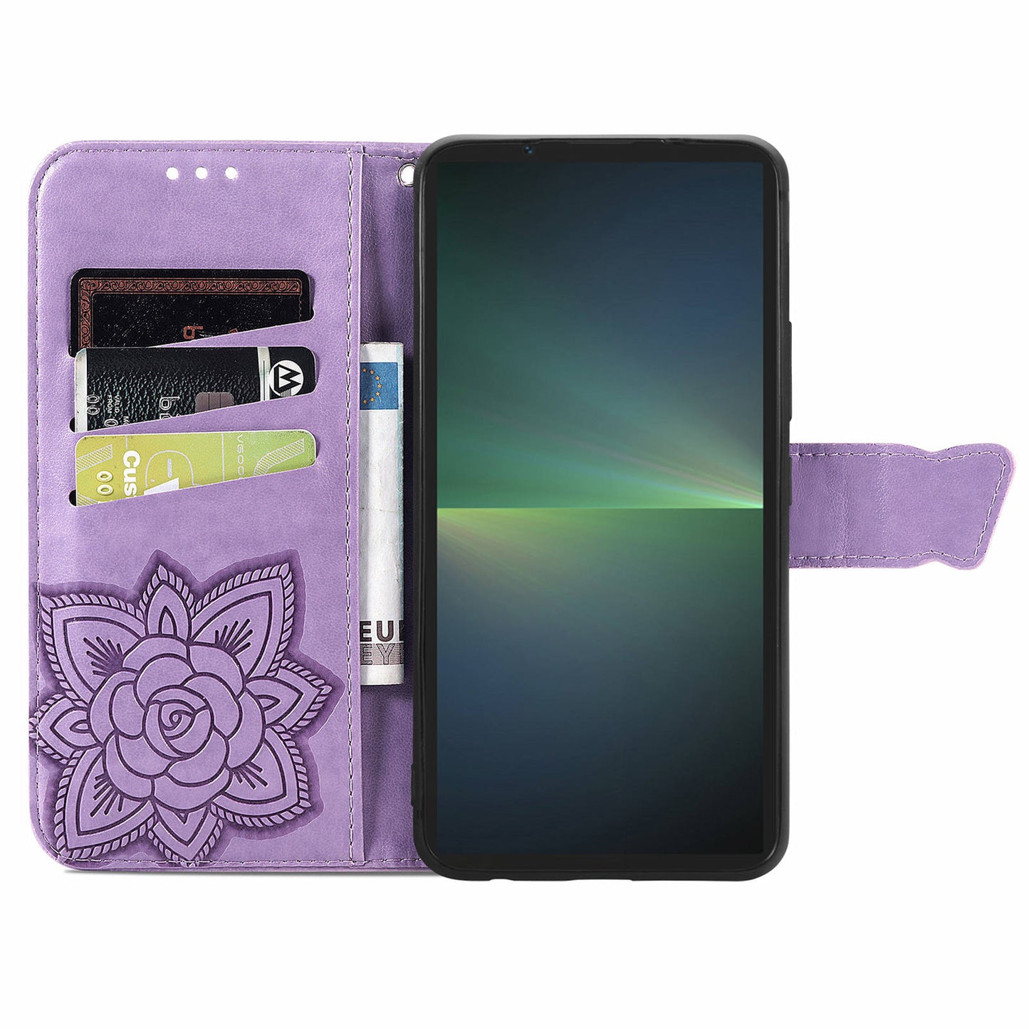 For Sony Xperia 5 V Case PU Leather Butterfly Floral Flip Protective Phone Cover with Strap - Light Purple