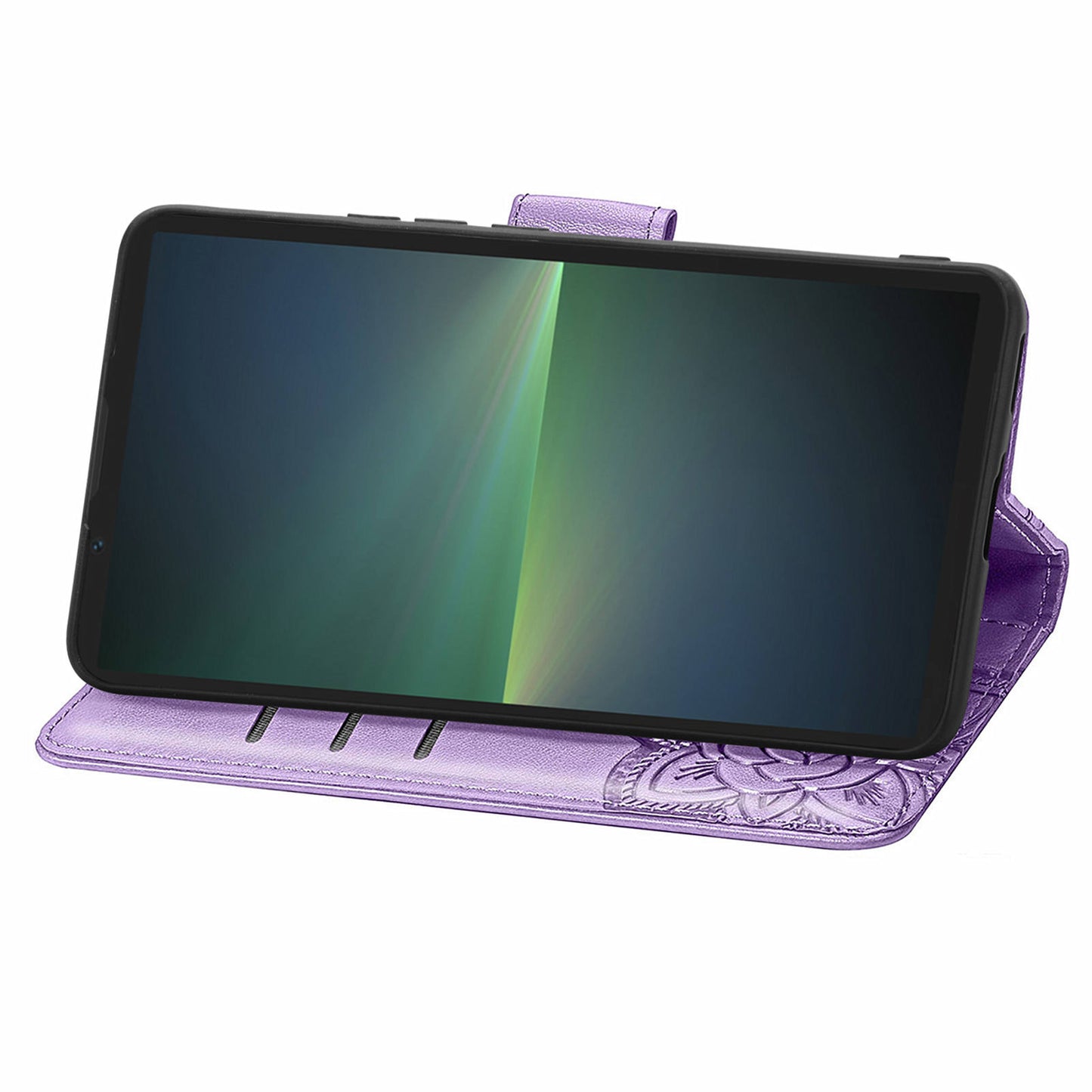 For Sony Xperia 5 V Case PU Leather Butterfly Floral Flip Protective Phone Cover with Strap - Light Purple