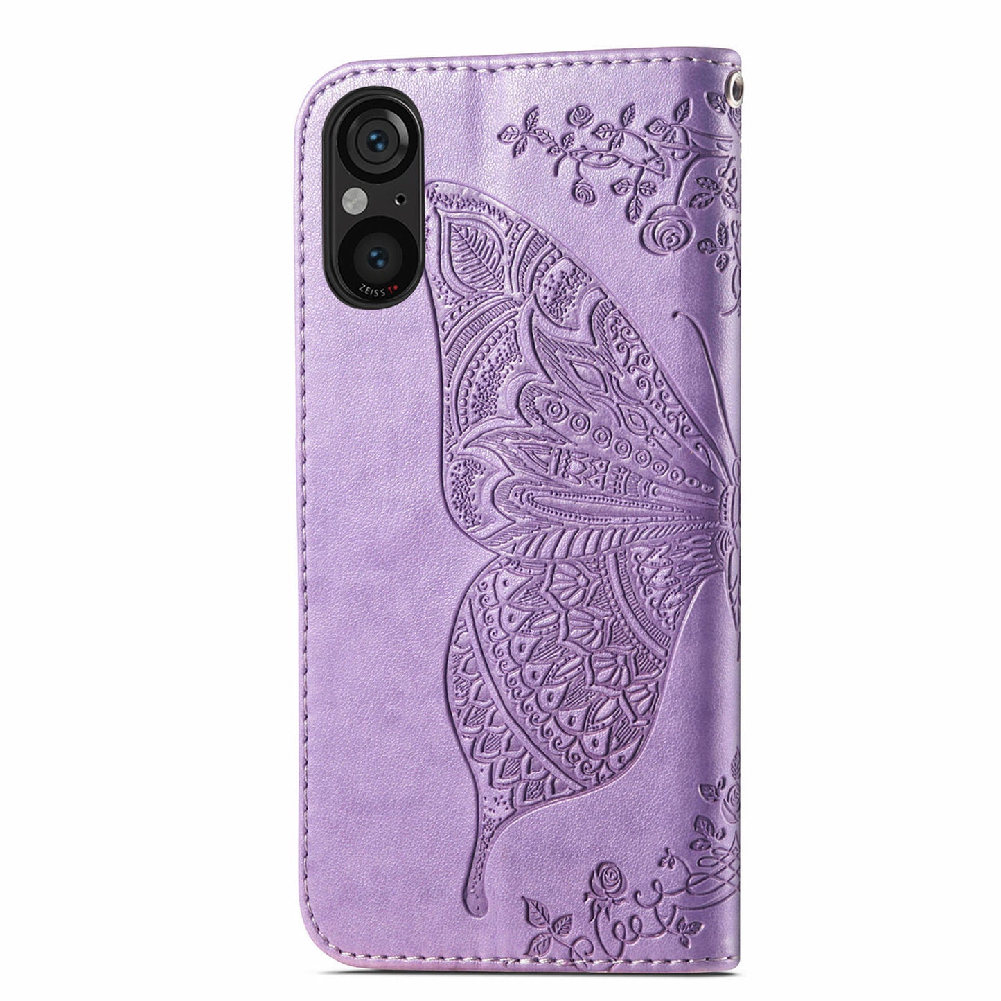 For Sony Xperia 5 V Case PU Leather Butterfly Floral Flip Protective Phone Cover with Strap - Light Purple