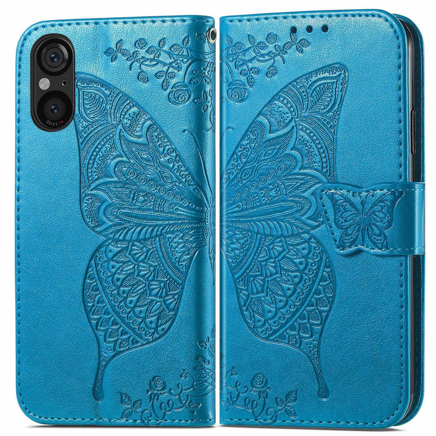 For Sony Xperia 5 V Case PU Leather Butterfly Floral Flip Protective Phone Cover with Strap - Blue