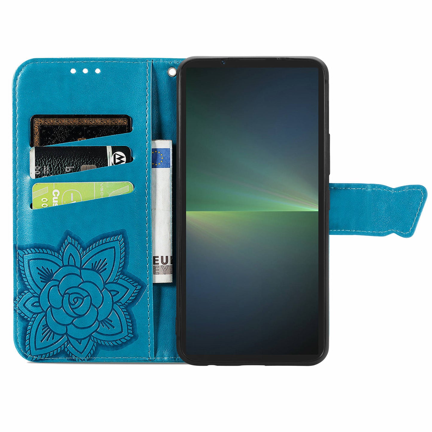 For Sony Xperia 5 V Case PU Leather Butterfly Floral Flip Protective Phone Cover with Strap - Blue