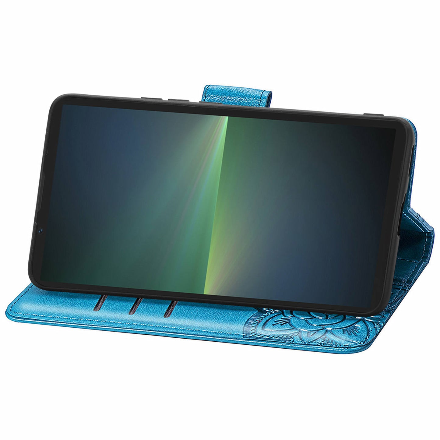 For Sony Xperia 5 V Case PU Leather Butterfly Floral Flip Protective Phone Cover with Strap - Blue