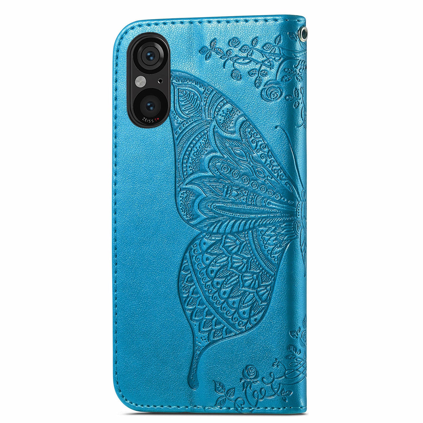 For Sony Xperia 5 V Case PU Leather Butterfly Floral Flip Protective Phone Cover with Strap - Blue