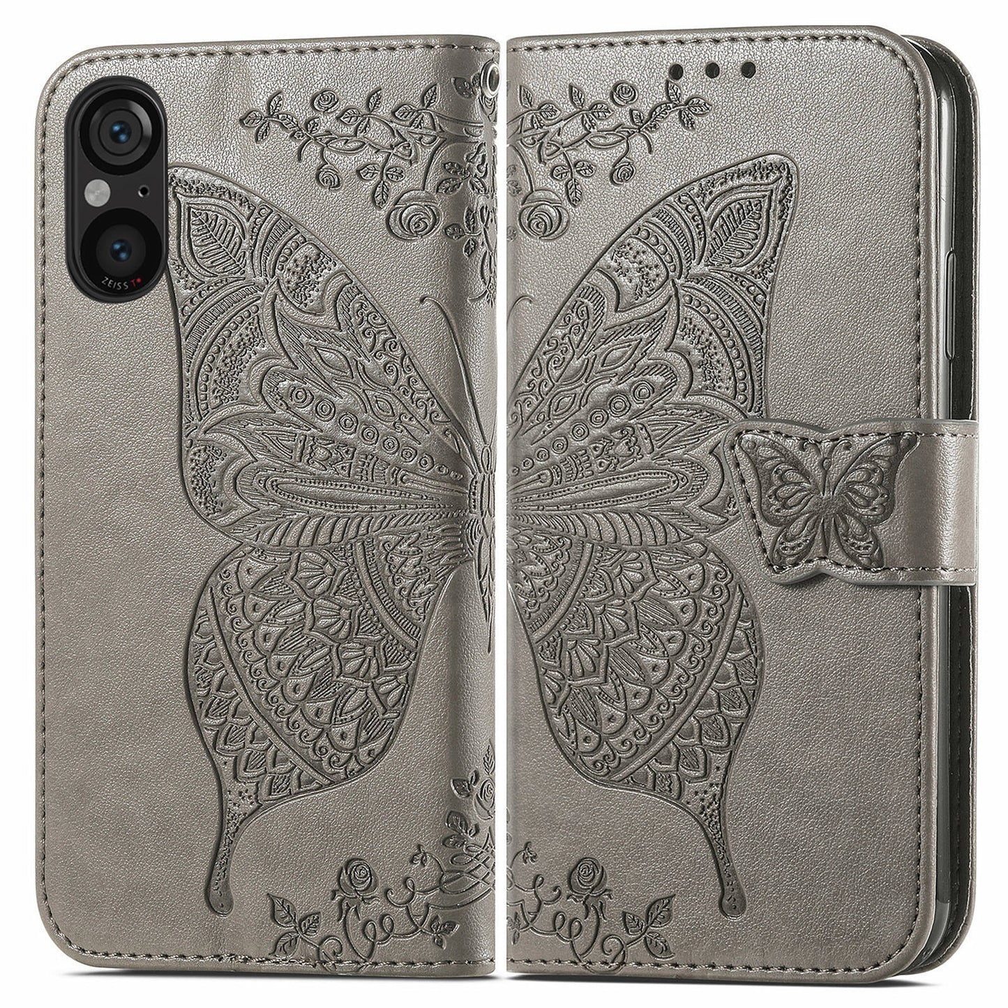 For Sony Xperia 5 V Case PU Leather Butterfly Floral Flip Protective Phone Cover with Strap - Grey