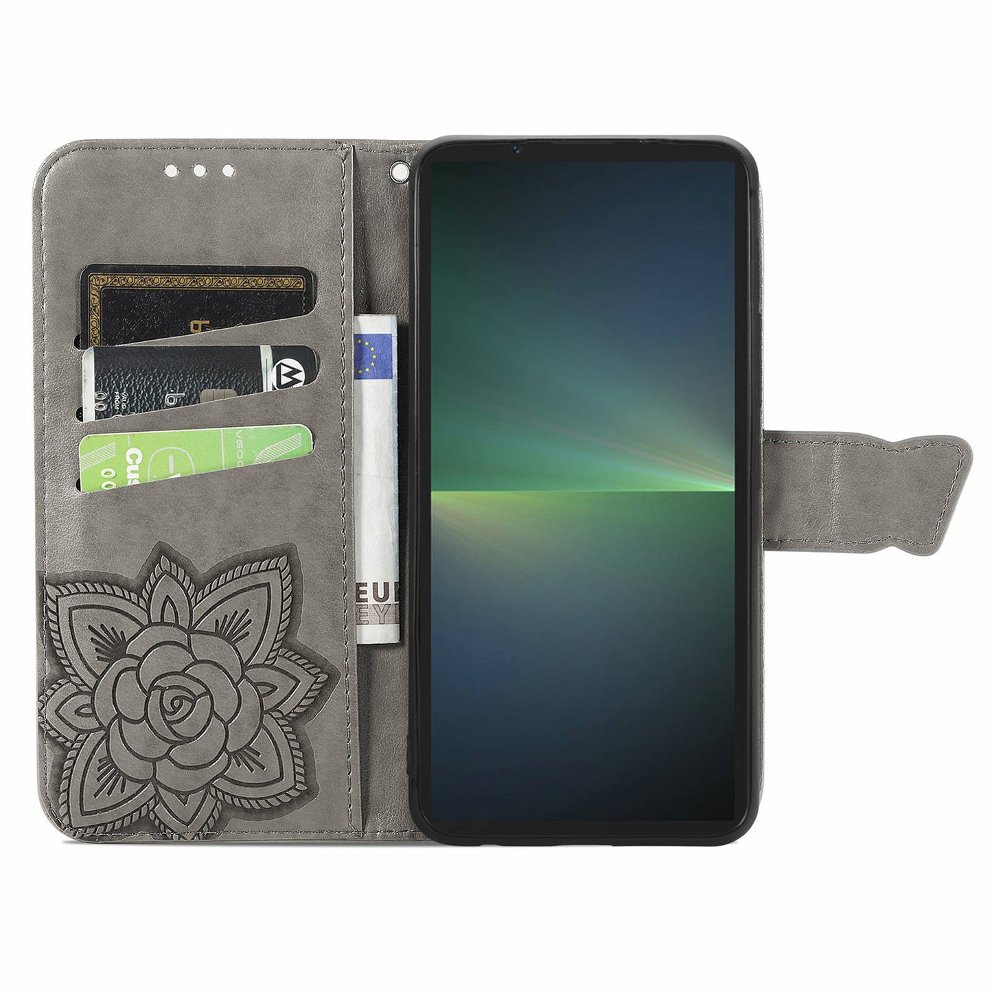 For Sony Xperia 5 V Case PU Leather Butterfly Floral Flip Protective Phone Cover with Strap - Grey