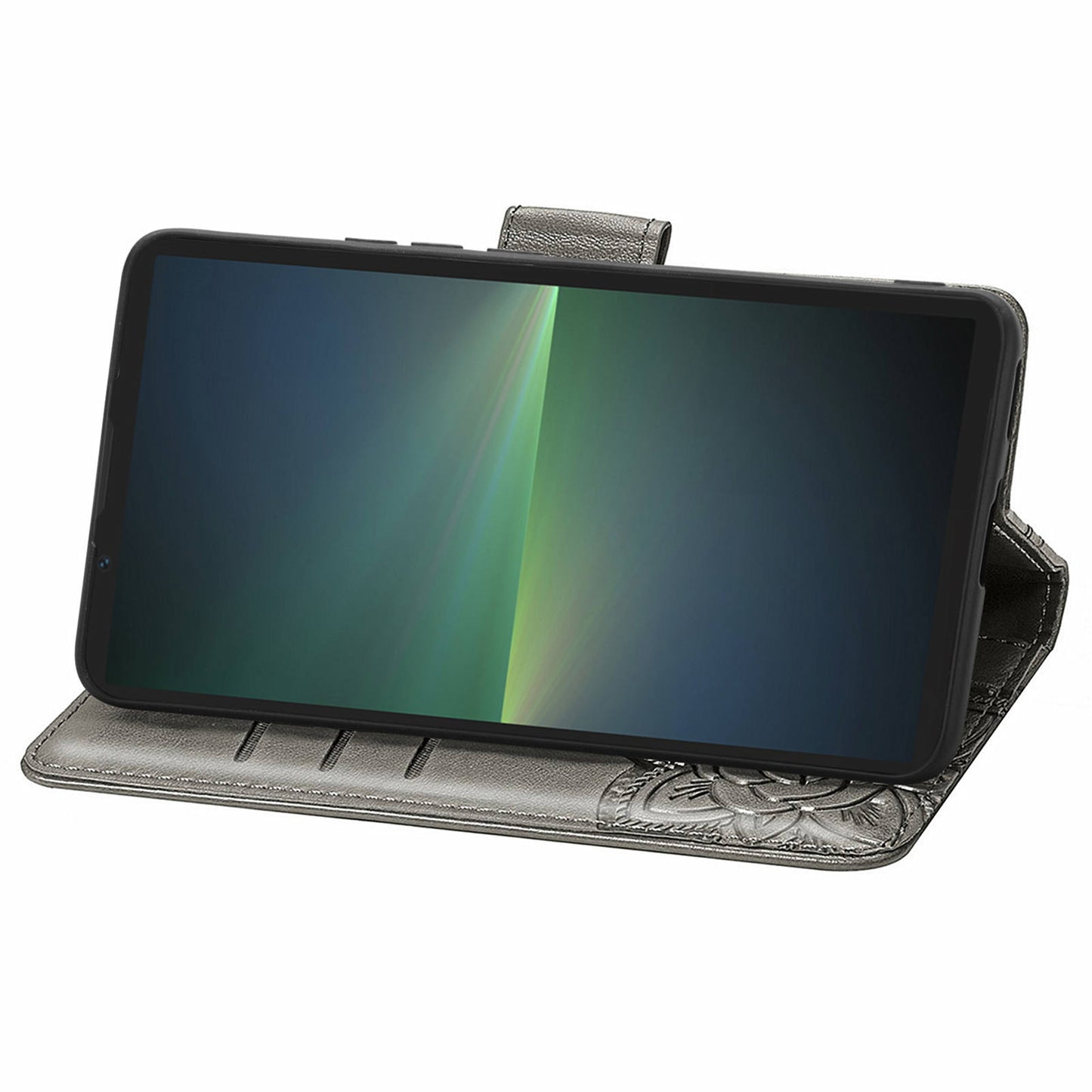 For Sony Xperia 5 V Case PU Leather Butterfly Floral Flip Protective Phone Cover with Strap - Grey