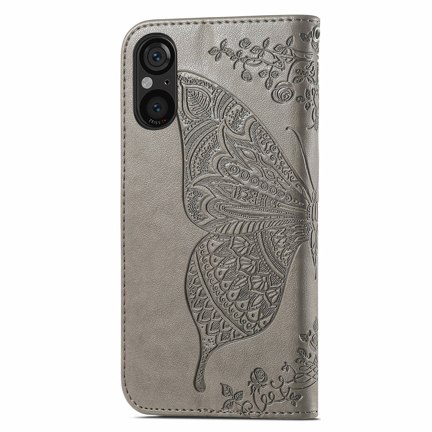 For Sony Xperia 5 V Case PU Leather Butterfly Floral Flip Protective Phone Cover with Strap - Grey