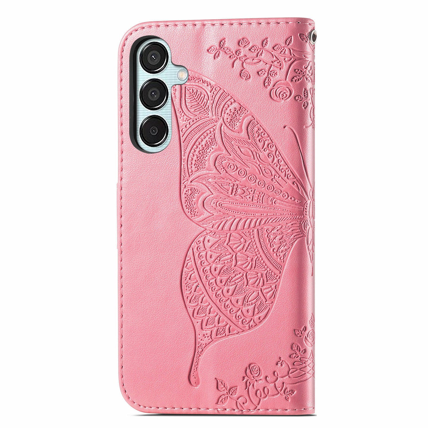 For Samsung Galaxy M15 5G Case Butterfly Pattern PU Leather Hand Strap Wallet Purse Phone Cover - Pink