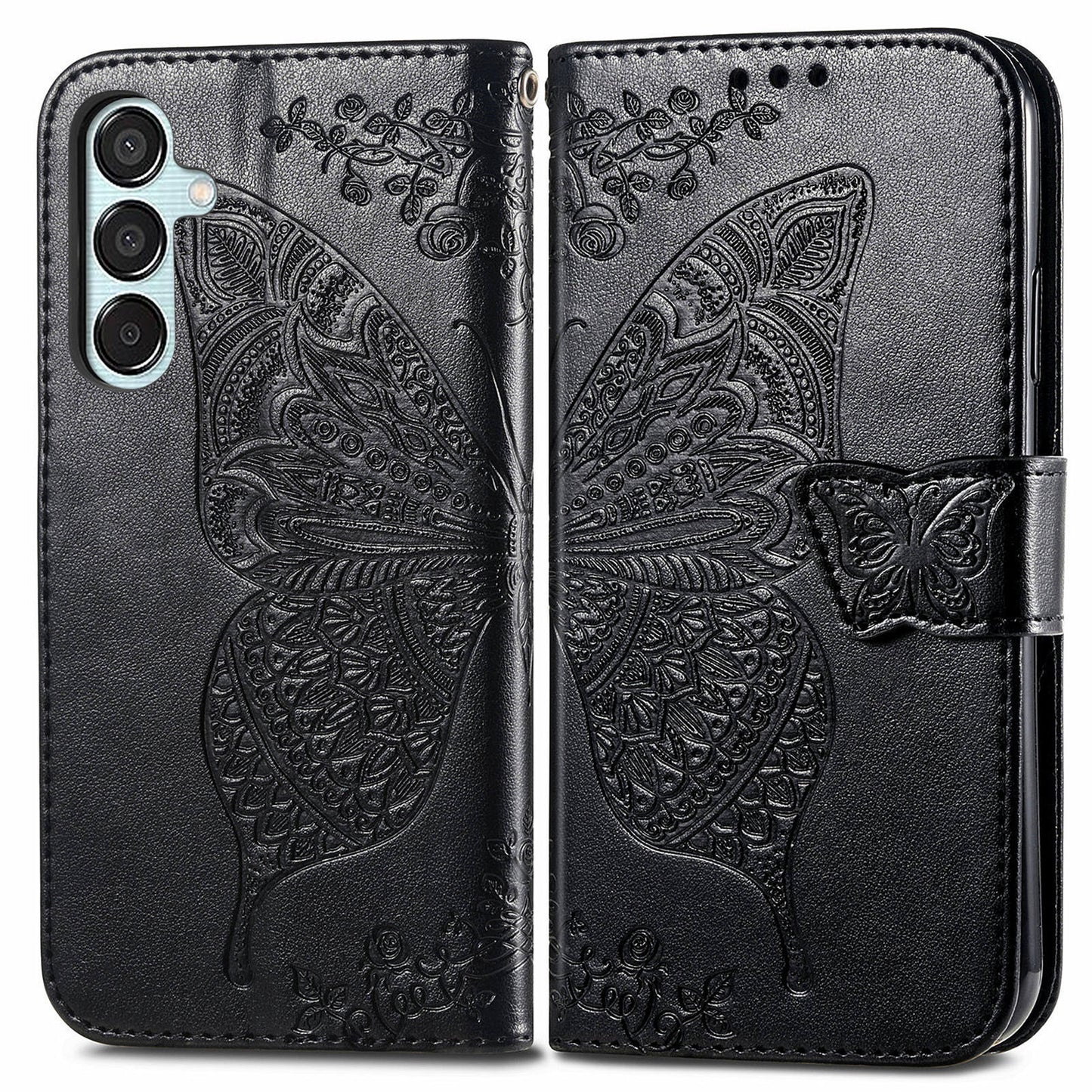 For Samsung Galaxy M15 5G Case Butterfly Pattern PU Leather Hand Strap Wallet Purse Phone Cover - Black