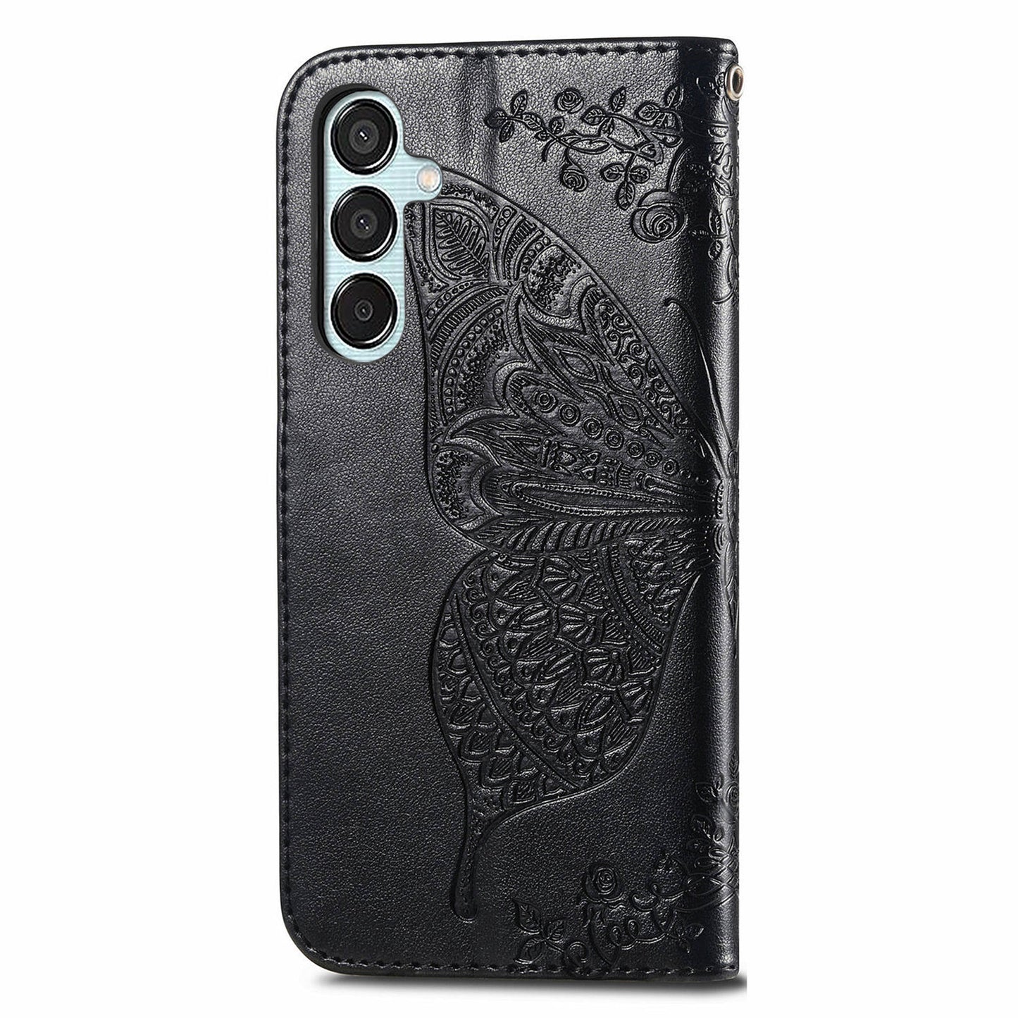 For Samsung Galaxy M15 5G Case Butterfly Pattern PU Leather Hand Strap Wallet Purse Phone Cover - Black