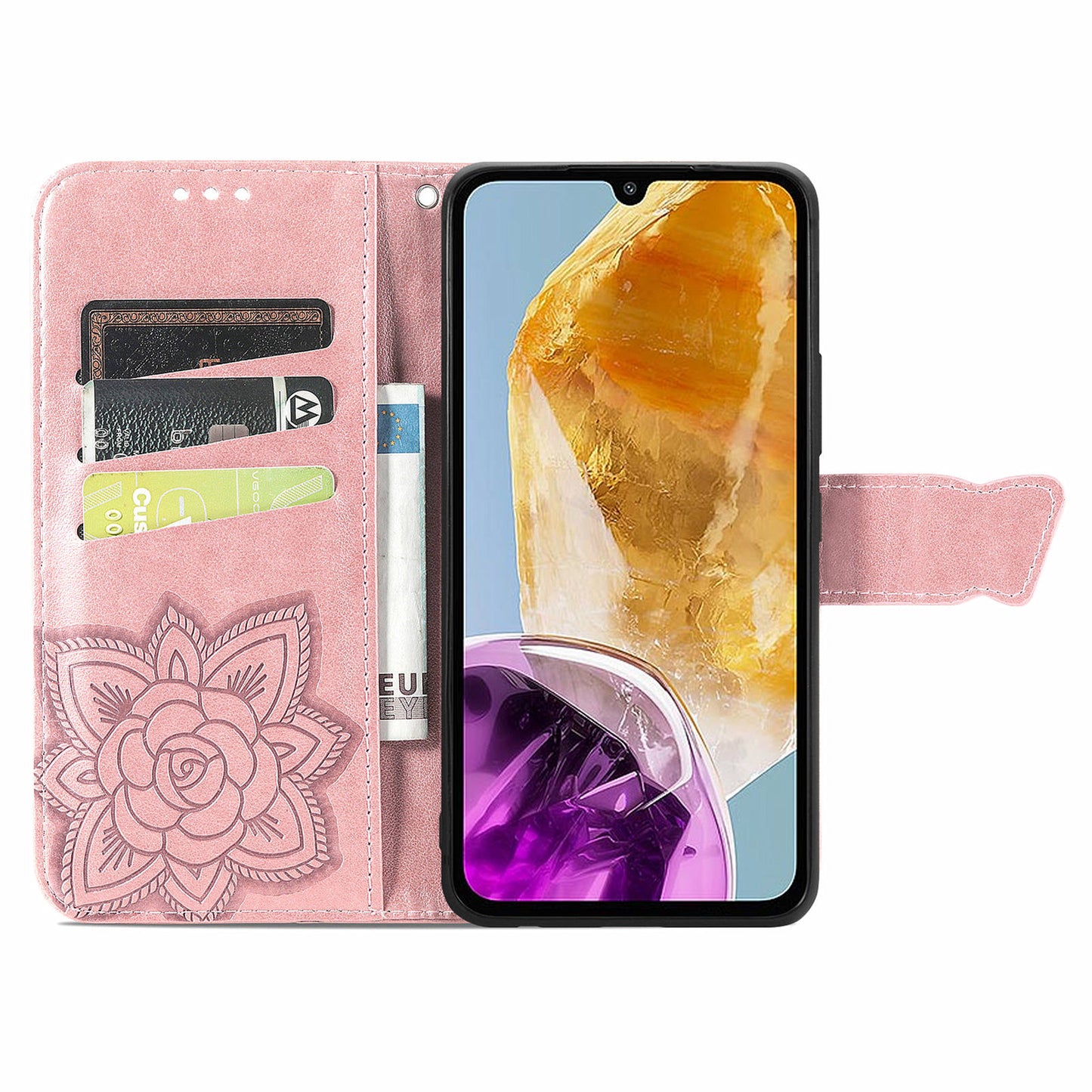 For Samsung Galaxy M15 5G Case Butterfly Pattern PU Leather Hand Strap Wallet Purse Phone Cover - Rose Gold
